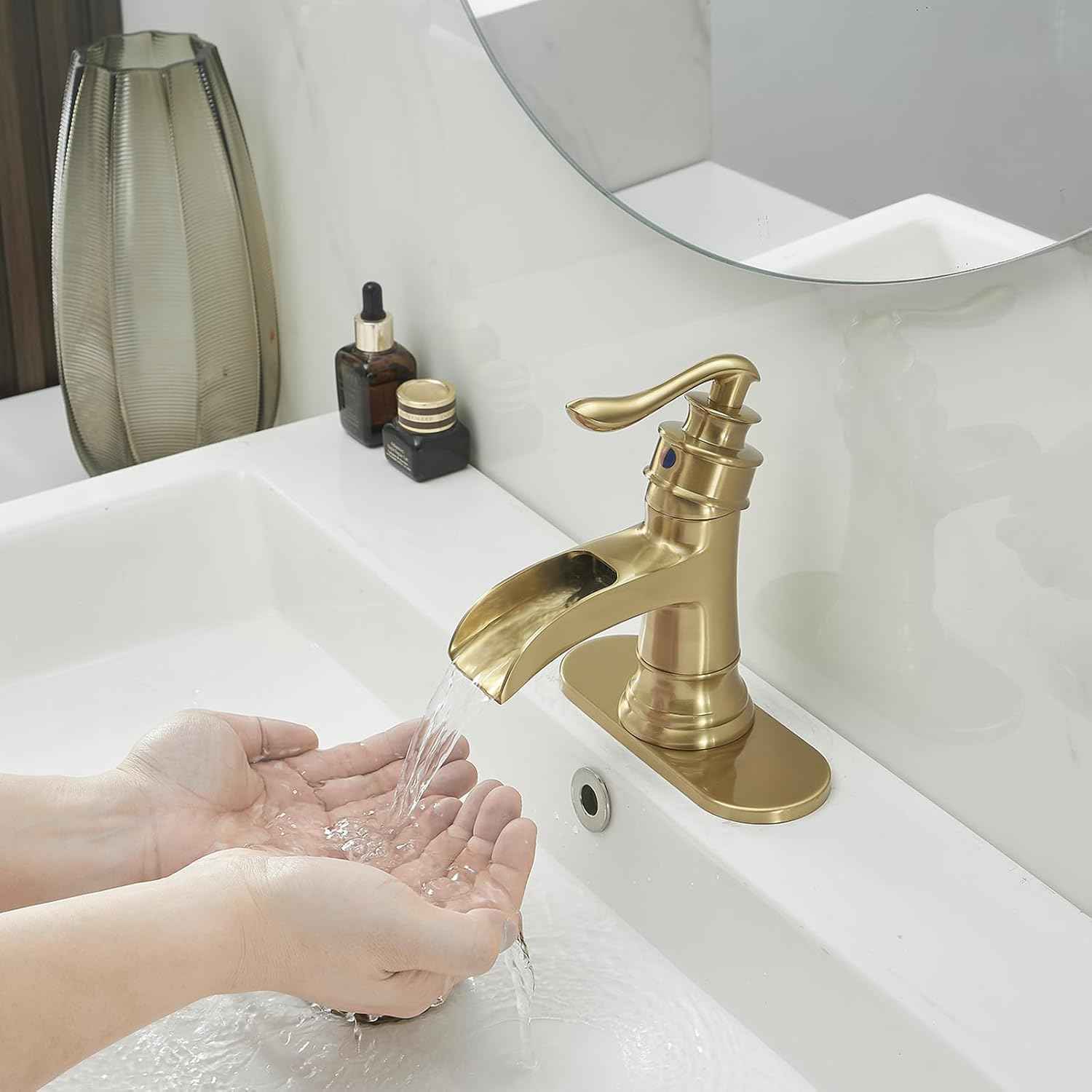 Matte Black Waterfall Bathroom Faucet - Single Handle Lavatory Sink Mixer with Brass Drain