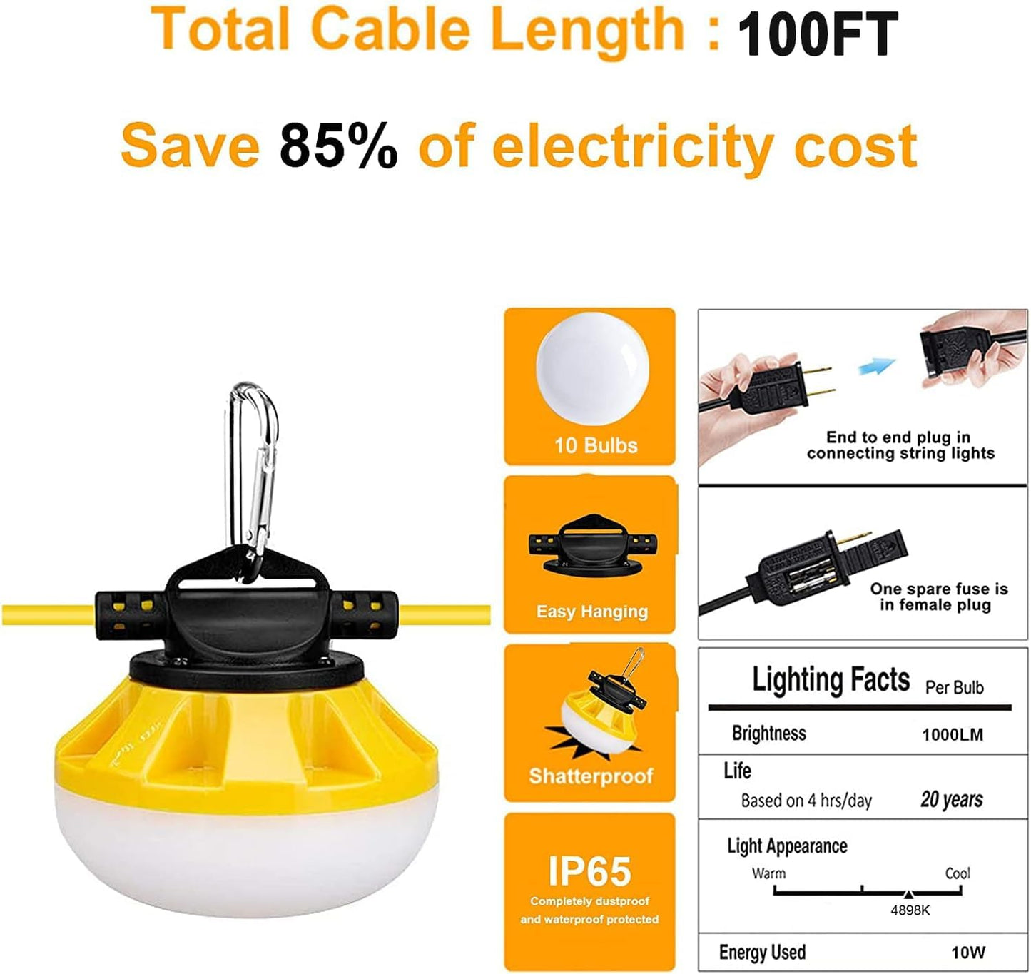 100FT Construction LED String Lights, Industrial Grade Best for Construction Sites, Renovation,Patio, Mine cave, Outdoor, and Other Outdoor Lighting Solutions Use, with Hook (100FT -10 Lights)