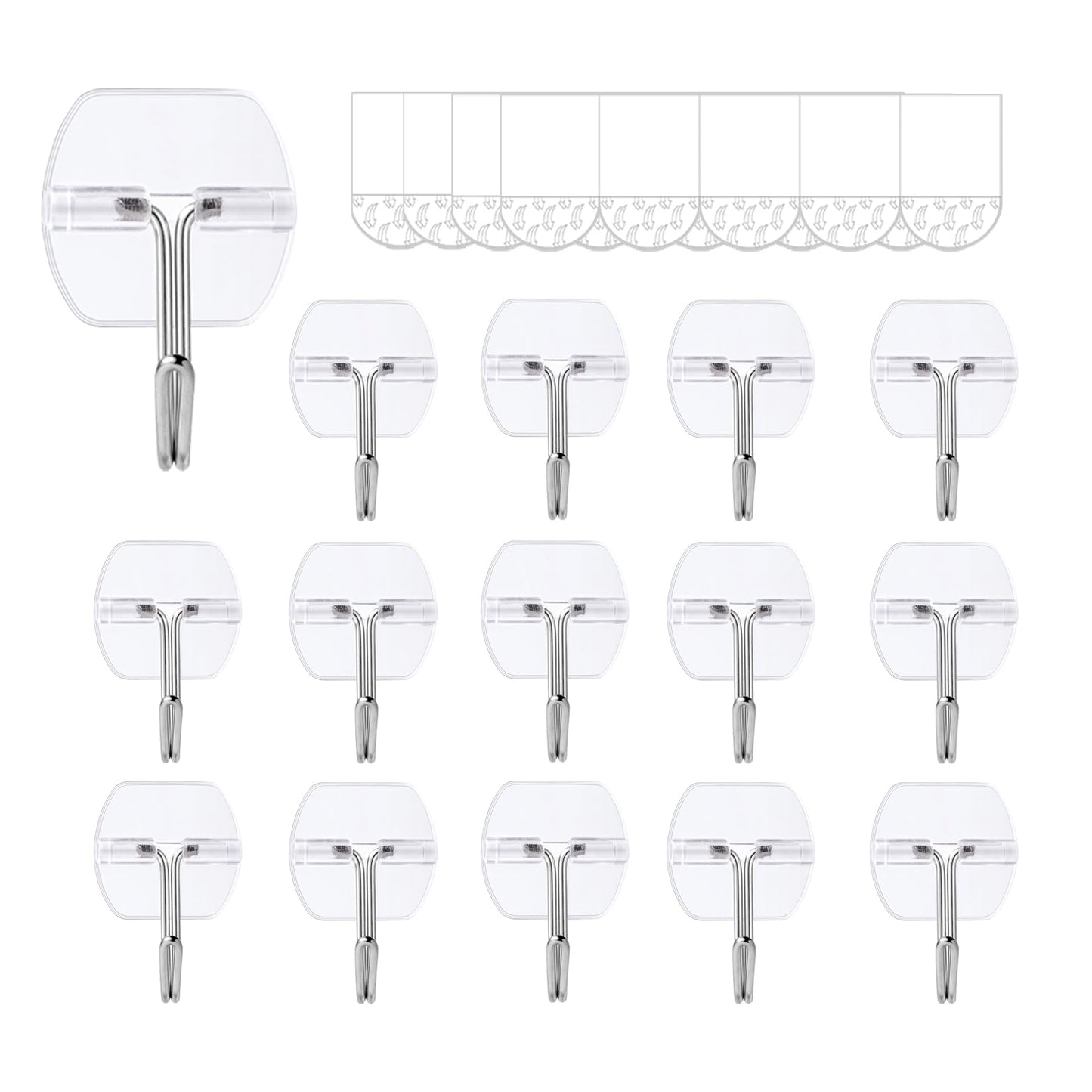 15 Small Wall Hooks for Hanging, with 20 Removable Strips, Clear Hanger Hooks, Damage-Free Utility Hooks with Adhesive Strips, Wire Toggle Wall Hook for Key, Hat, Decor, Door, Clear, Value Pack