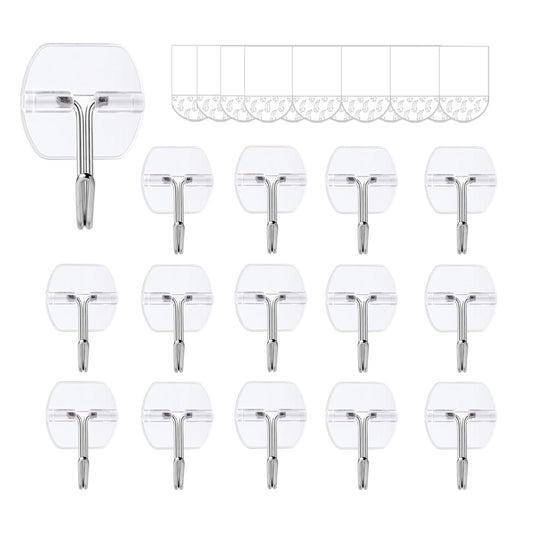 15 Small Wall Hooks for Hanging, with 20 Removable Strips, Clear Hanger Hooks, Damage-Free Utility Hooks with Adhesive Strips, Wire Toggle Wall Hook for Key, Hat, Decor, Door, Clear, Value Pack