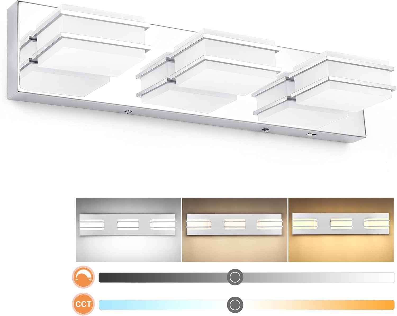 LED Chrome 3-Light Dimmable Bathroom Vanity Light Fixture - Modern Acrylic & Stainless Steel Over Mirror Lighting