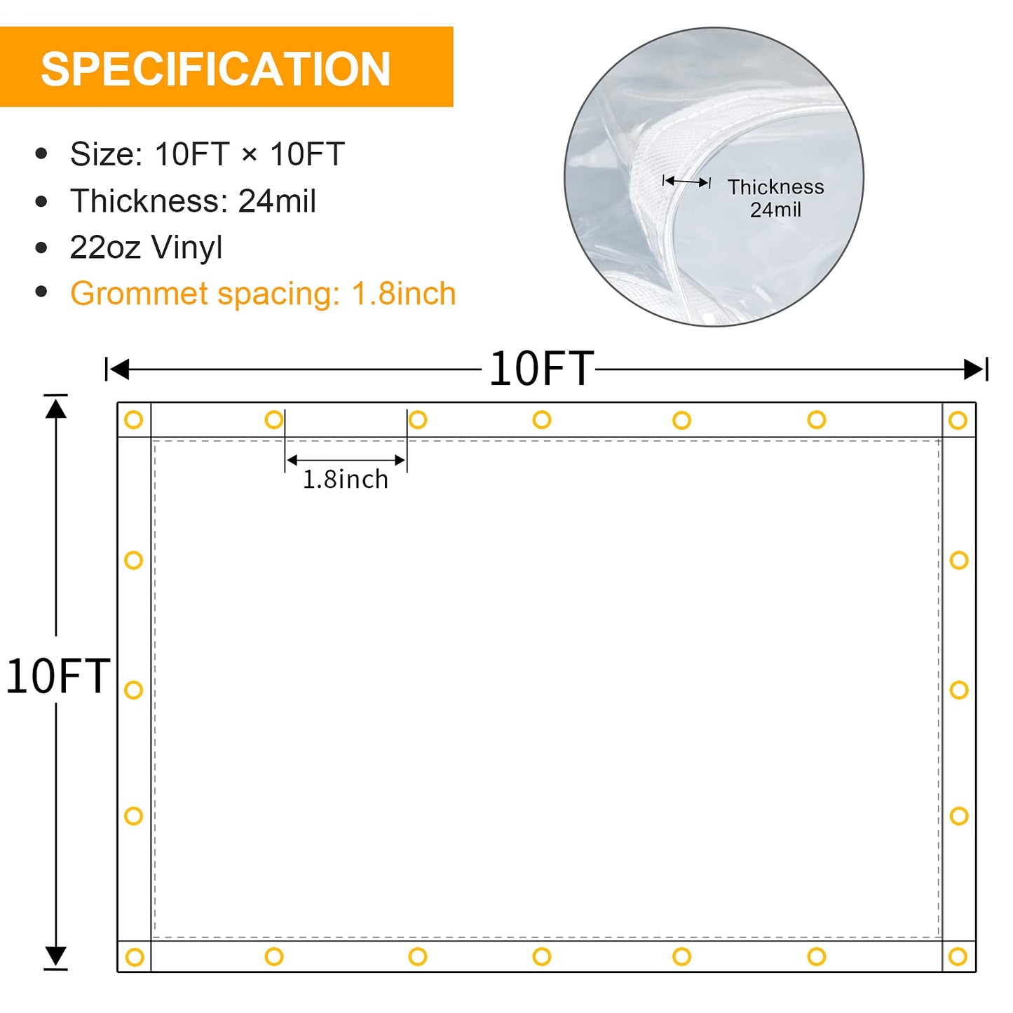 10 x 10FT Outdoor Clear Tarp Curtain Waterproof Wind-Proof 24 Mil Transparent Vinyl Tarp for Patio Pergola Garden Canopy Rainproof Anti-Tear PVC Thick Cover with Grommets