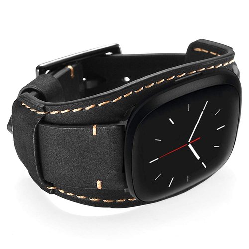 Sjiangqiao Compatible with Fitbit Sense/Versa 3 Bands Genuine Leather Cuff Band Replacement Strap with Stainless Steel Clasp Compatible for Fitbit Versa 3 Sense Accessories Men Women (Black)