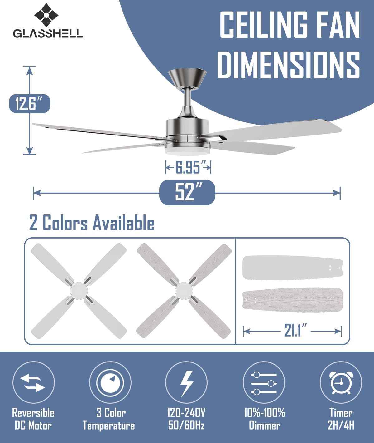 52-Inch Ceiling Fan with Remote Control & Dimmable Light - Noiseless DC Motor for Indoor/Outdoor Use