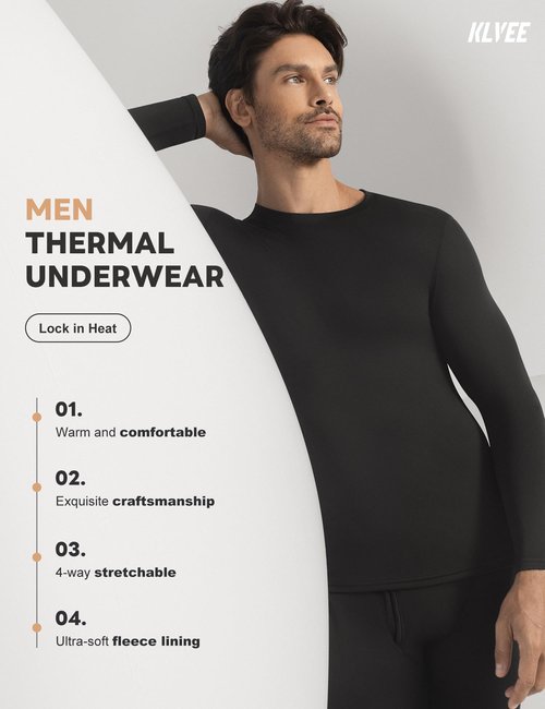 KLVEE Long Johns Thermal Underwear for Men with Fleece Lined,Base Layer Top and Bottom Set for Cold Weather Black