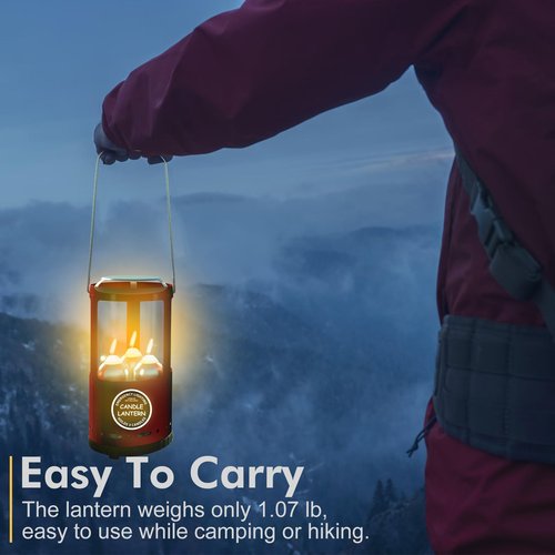 Candle Lantern, Decorative 3-Wick Emergency Candlestick Holder for Pillar Candles, Portable Red Warmer Lantern, Camping Gear for Campers Use, Hanging Handheld, NO Candles Included