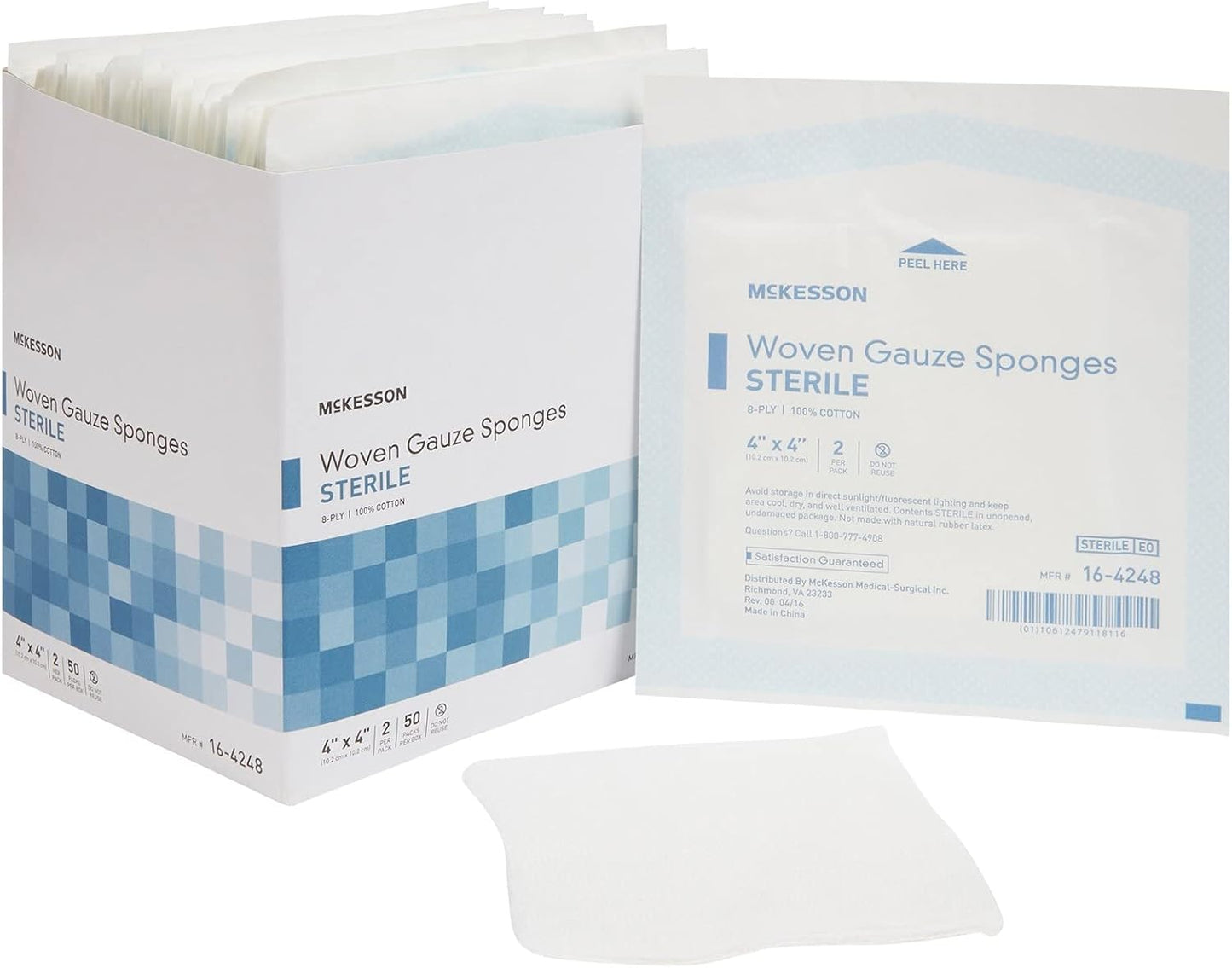 McKesson Woven Gauze Sponges - Sterile 8-Ply 100% Cotton, 4" x 4", 50 Packs of 2 Sponges Each