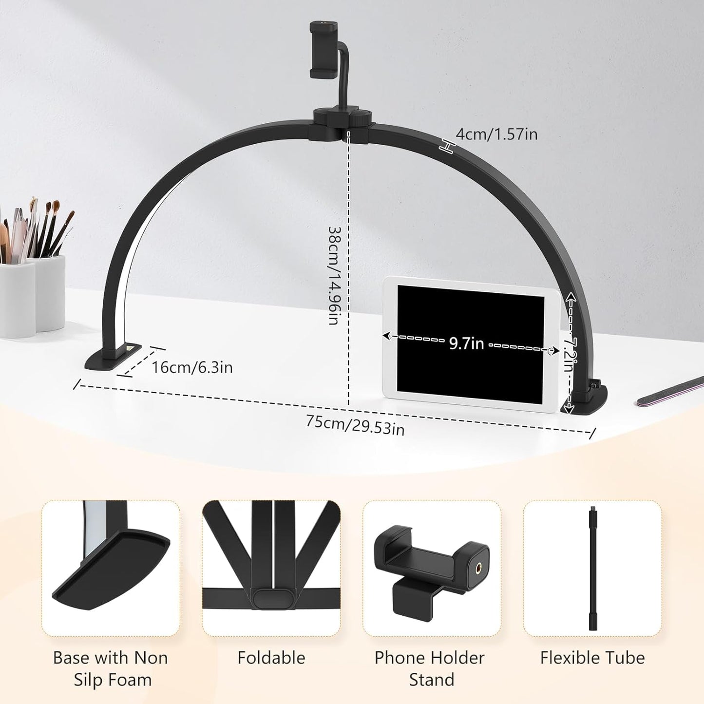 Yokilly Foldable Half Moon Nail Desk Lamp with Phone Holder - 3 Color Modes & 10 Brightness Levels for Manicure Salon