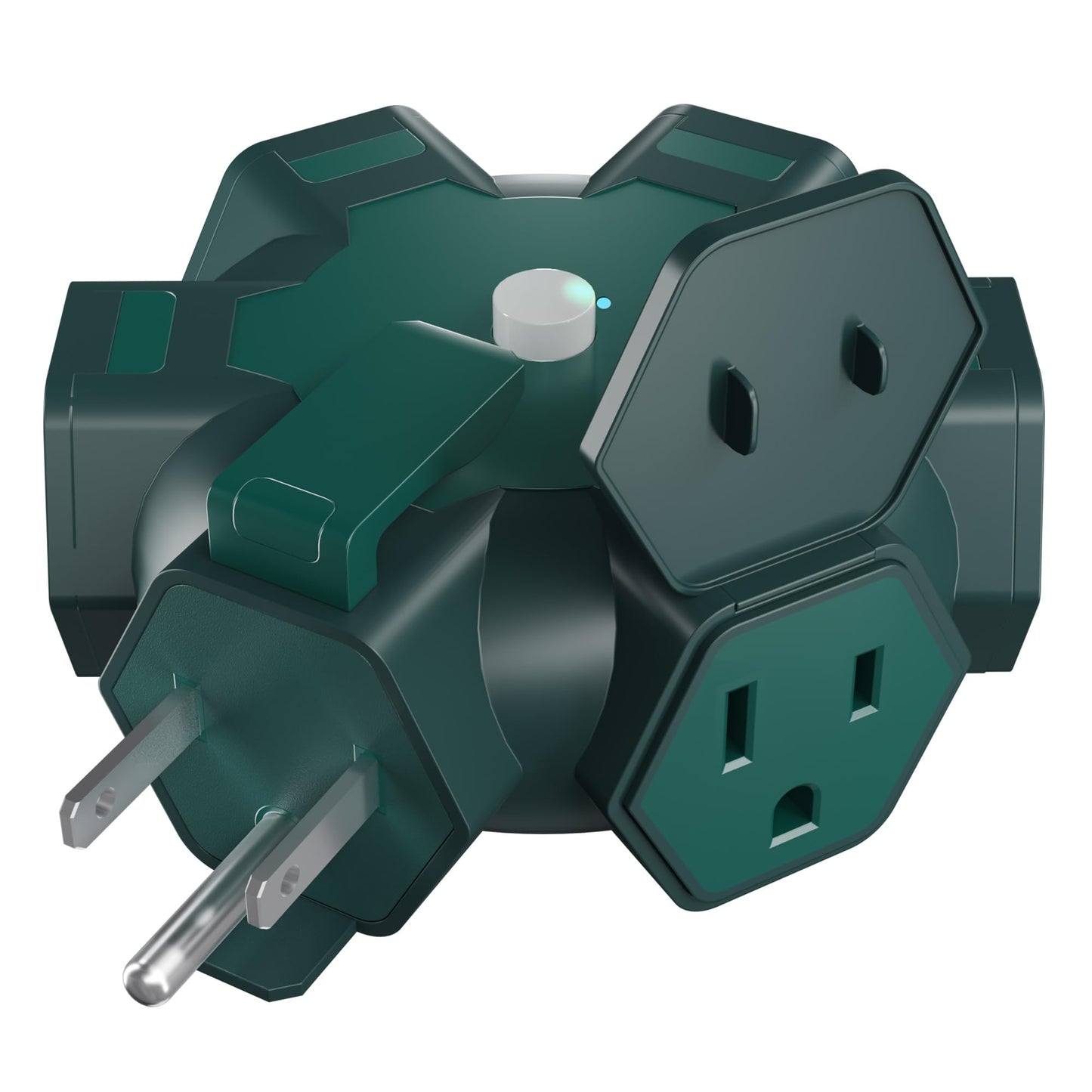 Elecan Outdoor 5-Outlet Power Splitter Plug Extender Hexagonal Hub Adapter with Safety Covers, 3 Prong Grounding Widely-Spaced with 15A Circuit Breaker&Indicator for Holiday Jobsite Garage-ETL-Green