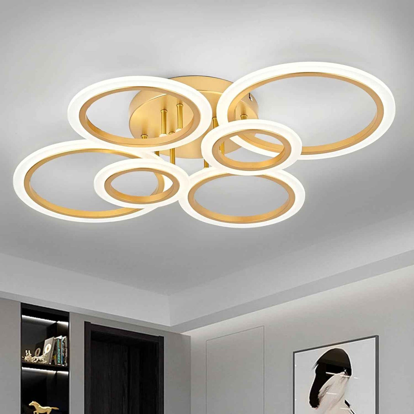 Modern LED Flush Mount Ceiling Light - 4 Rings 4000K Fixture for Kitchen & Living Room