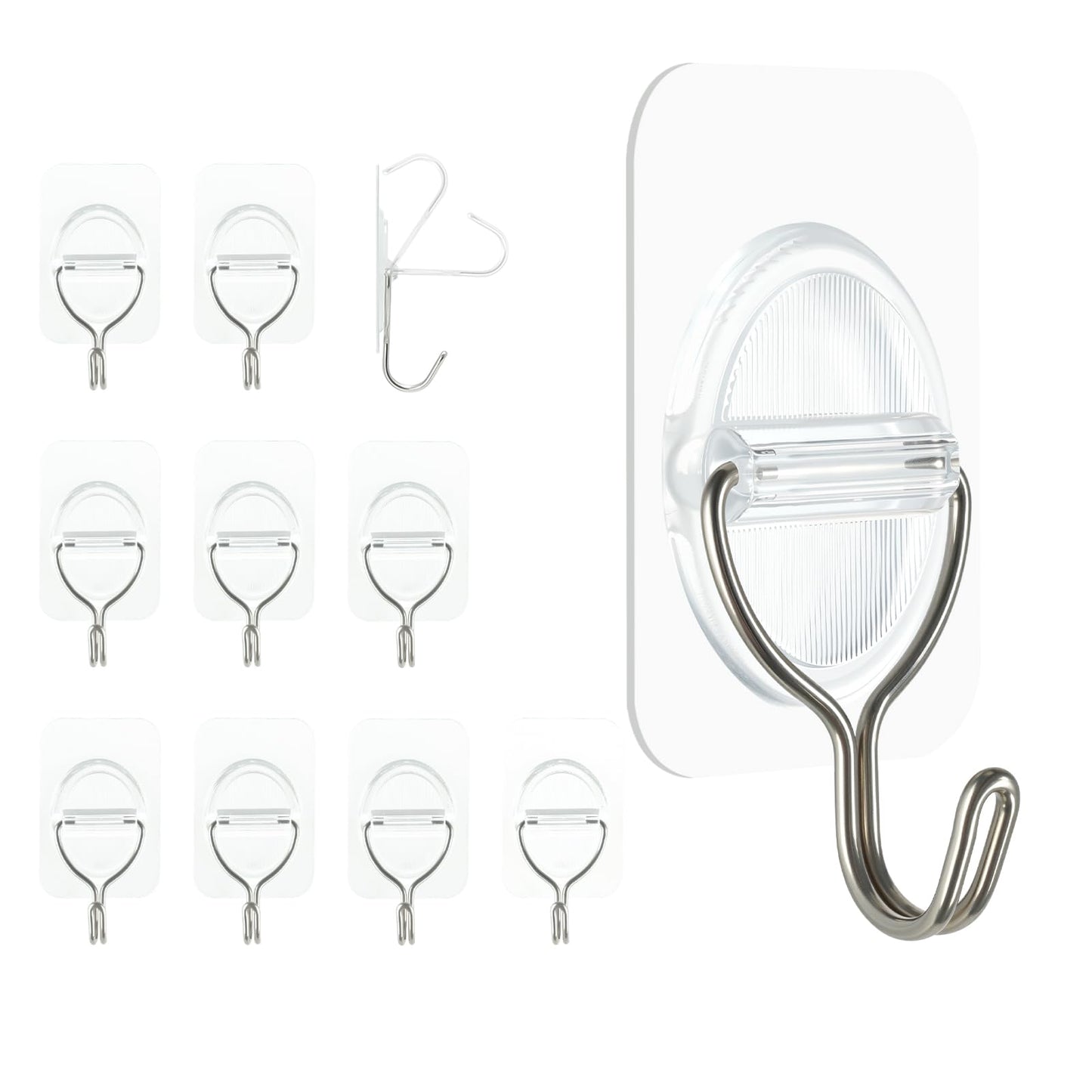Adhesive Wall Hooks No Damage, Stick On Hooks for Hanging 10 Pack - Transparent Stainless Steel 5KG Heavy Duty, Waterproof Removable (3.5x5.3cm) Kitchen Bathroom Office, Ganchos para Pared
