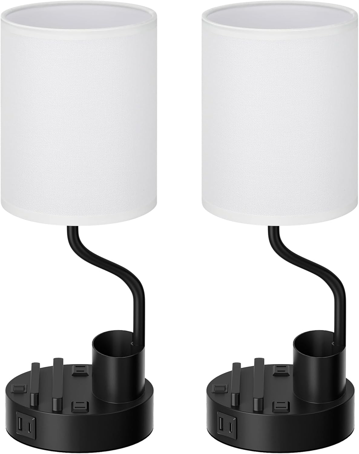 Set of 2 Bedside Table Lamps with USB & AC Outlet - 3 Color Temperatures, Desk Light & Phone Stand for Bedroom, Living Room, Office