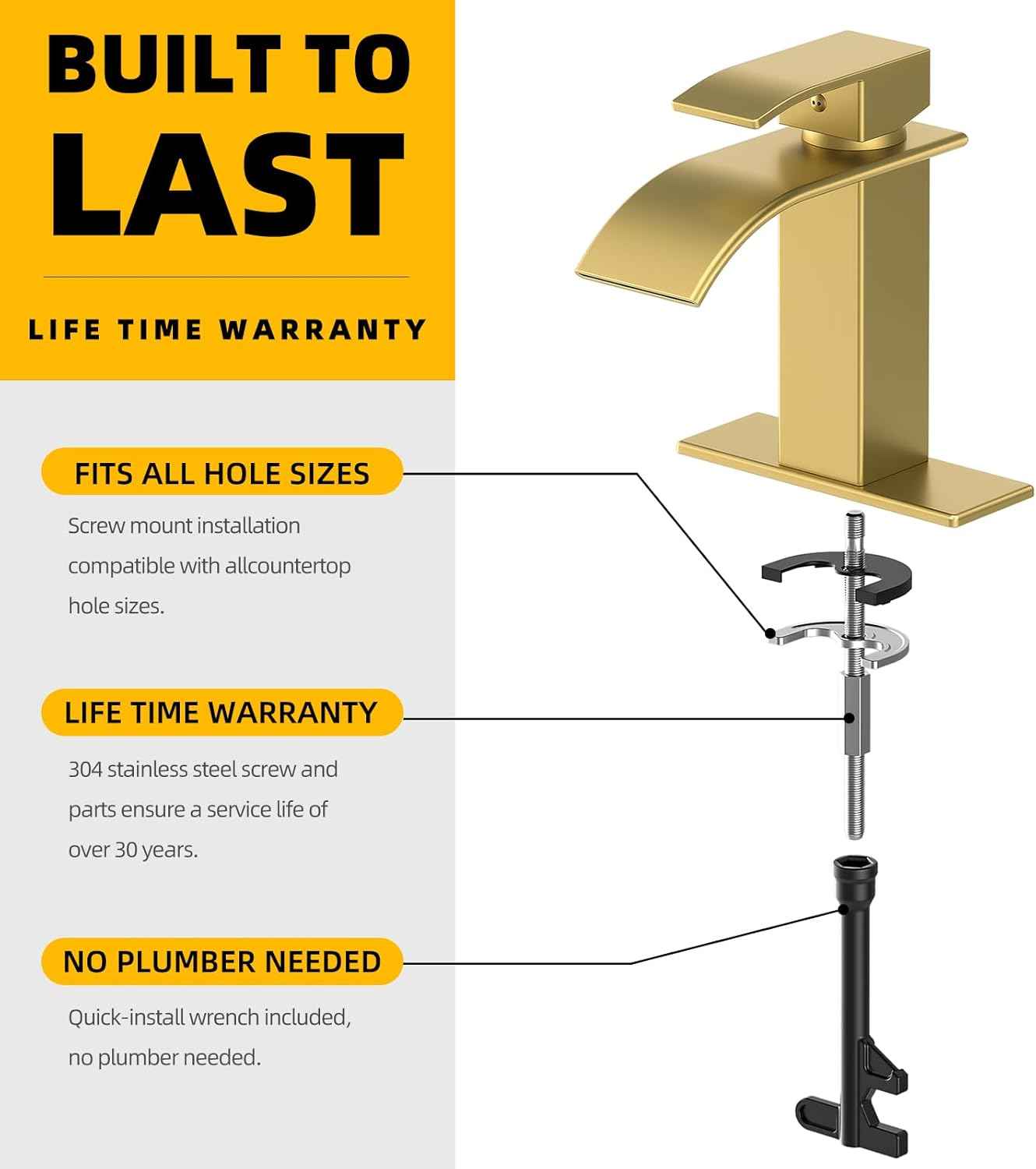 Modern Brushed Gold Bathroom Faucet with Waterfall Spout & Pop-Up Drain - Single Handle Vanity Sink Faucet