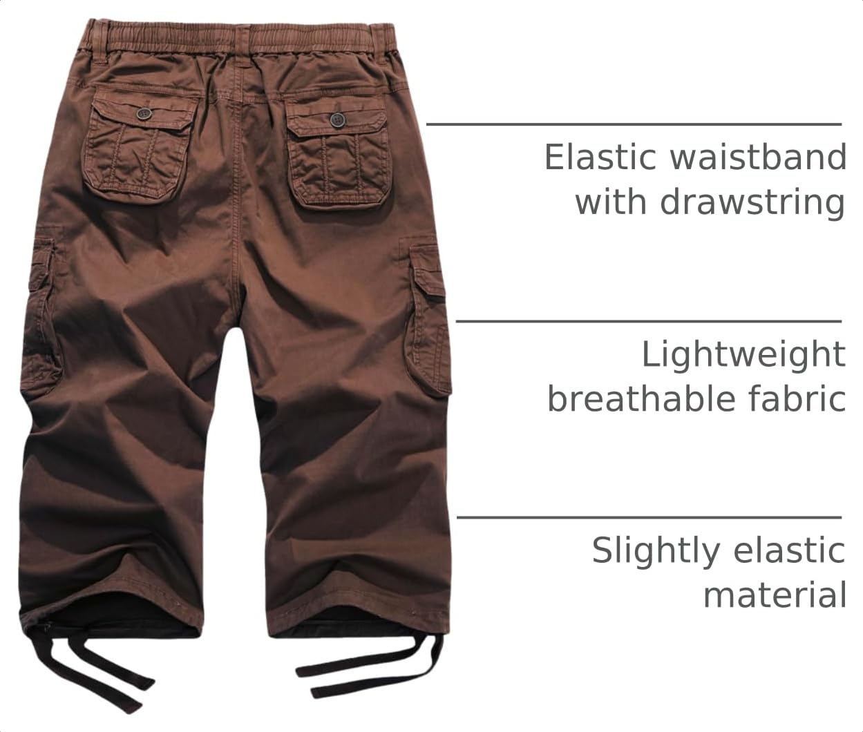 FOURSTEEDS Women's Mid Rise Capri Hiking Shorts Drawstring Multi Pocket Cargo Shorts Elastic Waist Cropped Cargo Pants Coffee M