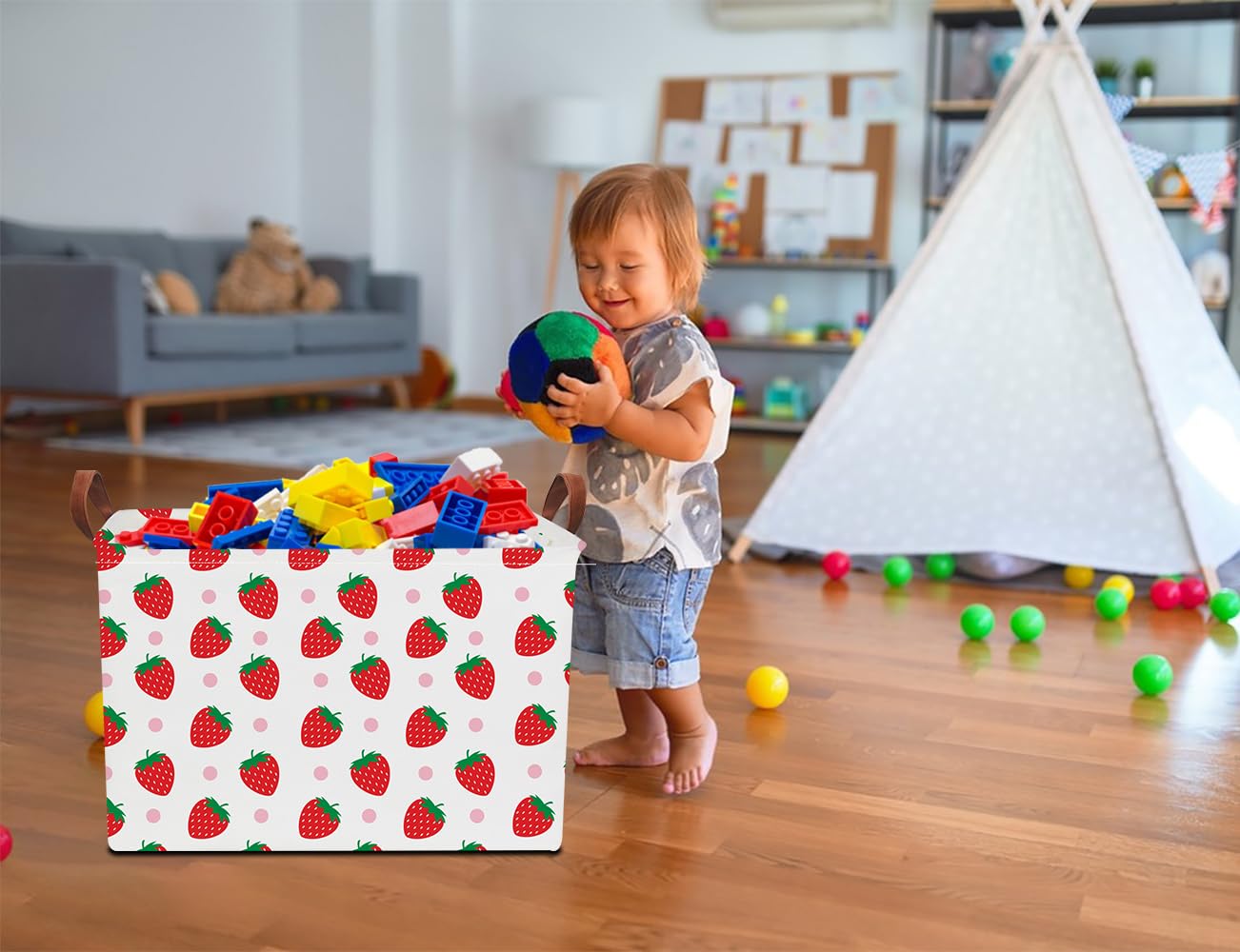 NTAOHAMPER Rectangular Storage Basket Empty, Storage Bin with Handles, Room Decor, Gift Basket, Book Box(Strawberry)