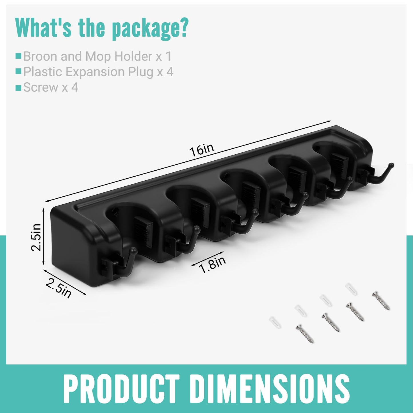 InPoTo Broom and Mop Holder, Wall Mounted Organizer Mop and Broom Storage Tool Rack with 5 Ball Slots and 6 Hooks (1Pack)