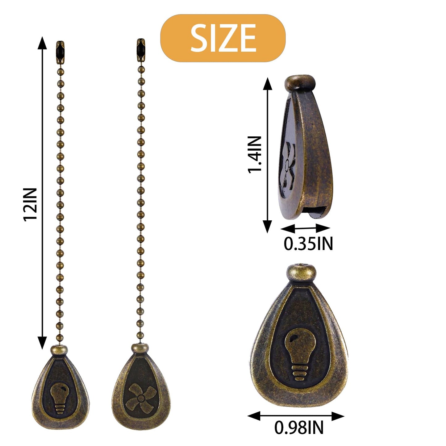 BoAn 6 Pack Bronzed Ceiling Fan Pull Chain Extension,12 Inches Decorative Fan Pull Chain Pendant Extension, with Ball Fan Chain Connector for Ceiling Fans and Lights(3 Light and 3 Fan)