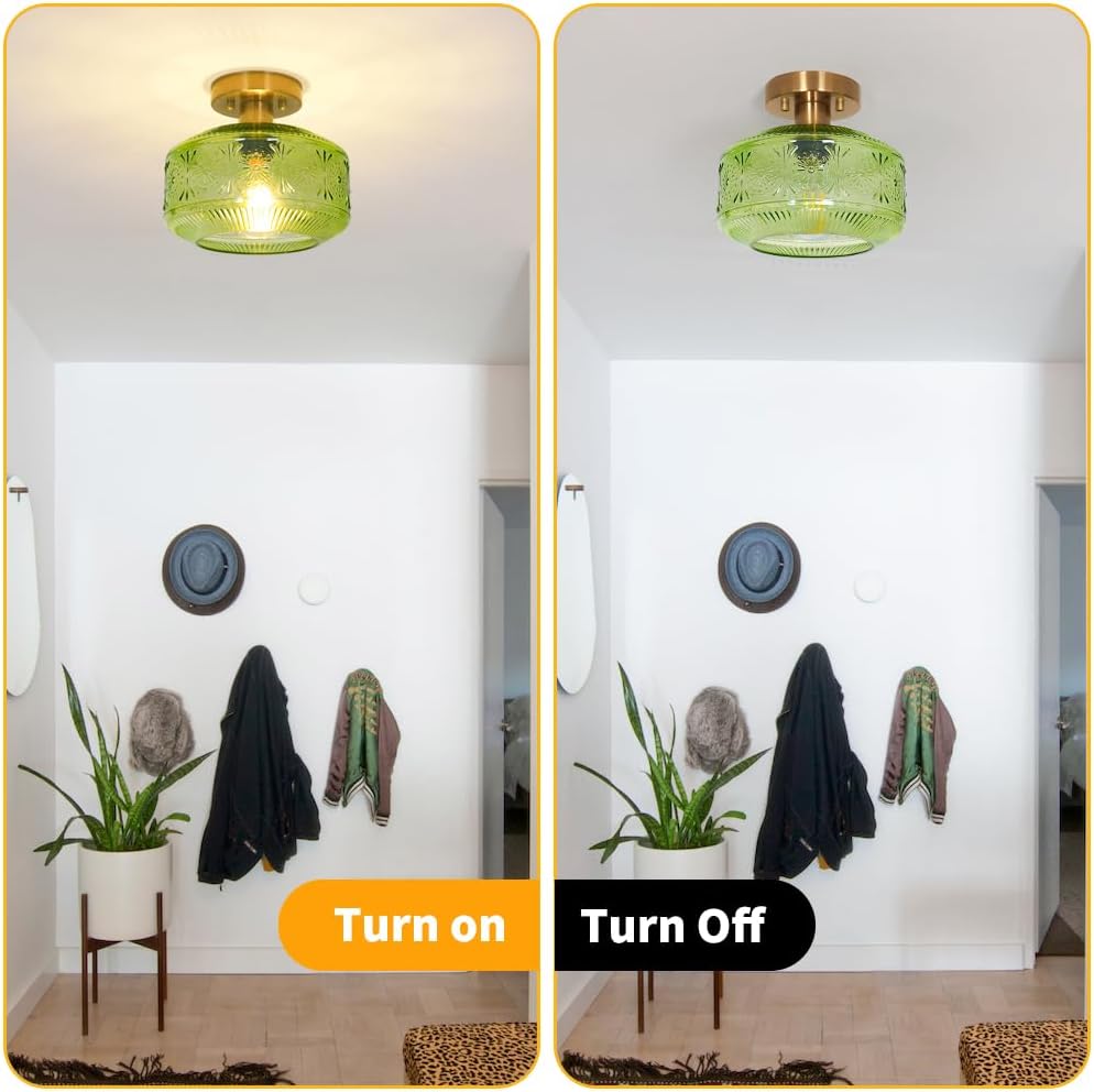 Vintage Semi Flush Mount Ceiling Light Fixture - Brass & Thickened Glass for Hallway, Entryway, Bedroom, Bathroom