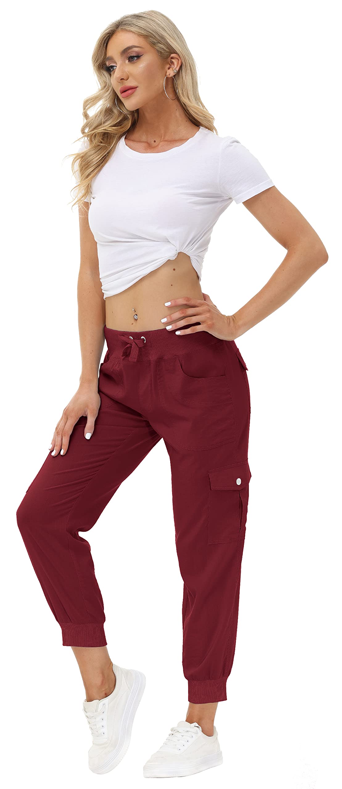 MoFiz Hiking Cargo Pants for Women with Pockets Lightweight Quick Dry Athletic Outdoor Summer Travel Casual Joggers Sweatpants Wine Red M