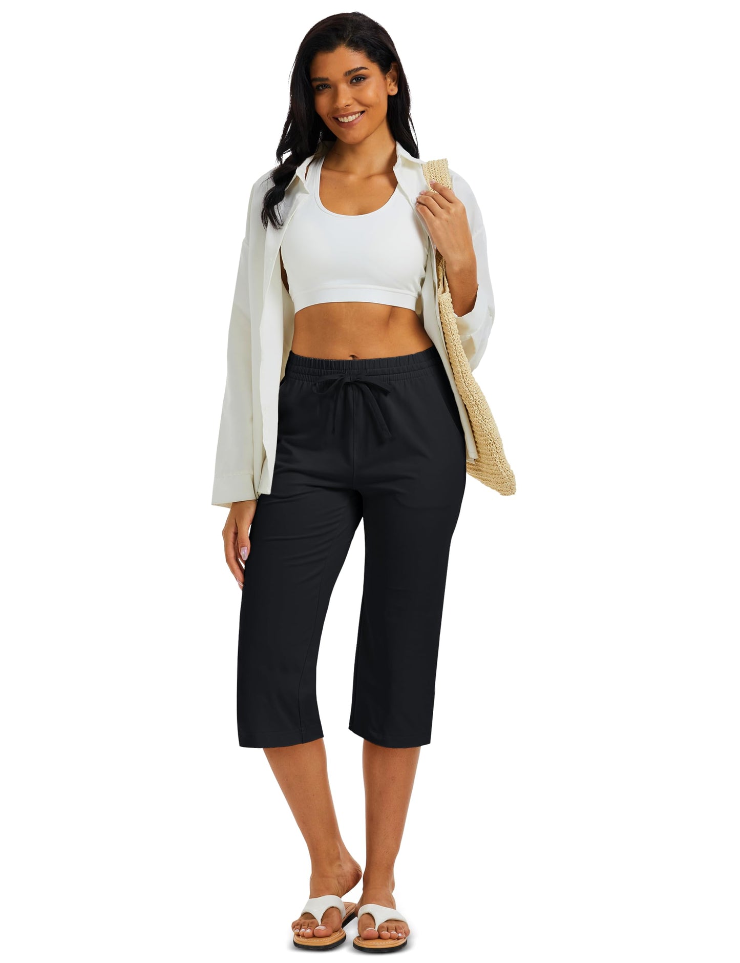 MAGCOMSEN Women's Cotton Capri Pants with 5 Pockets Stretch Summer Capris Yoga Workout Athletic Sweatpants Spandex Black XL
