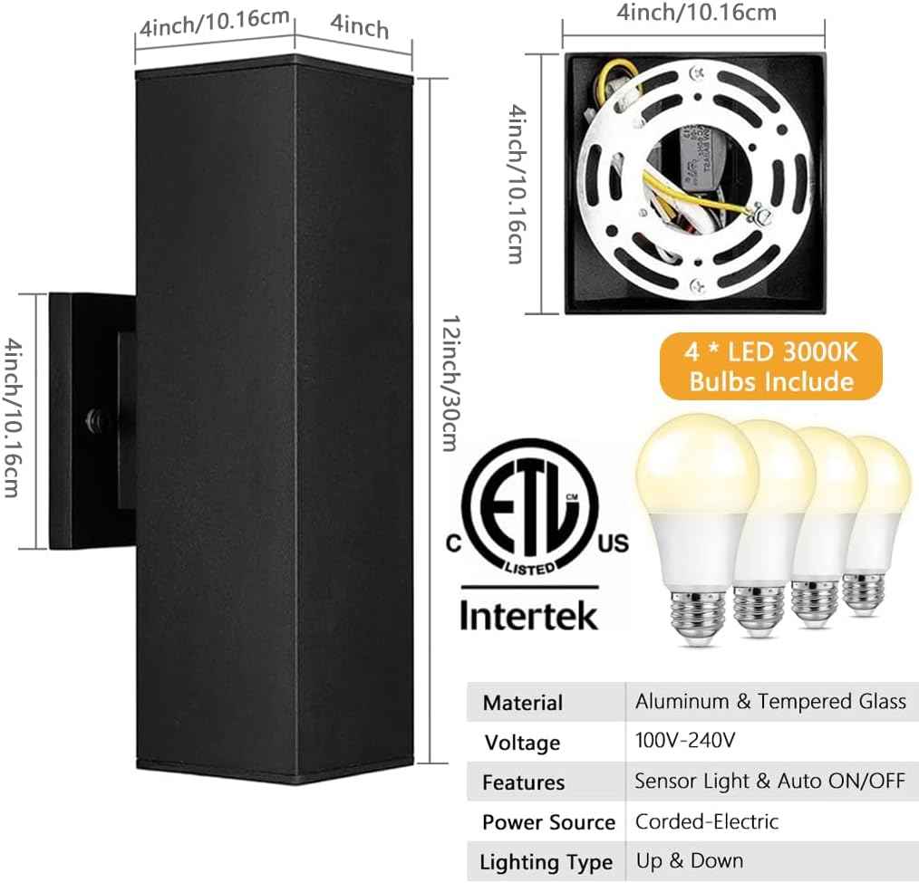 Modern Outdoor Wall Lights - Dusk to Dawn Square Matte Black Sconce with Bulbs, Aluminum Anti-Rust Up & Down Lighting for Porch & Garage