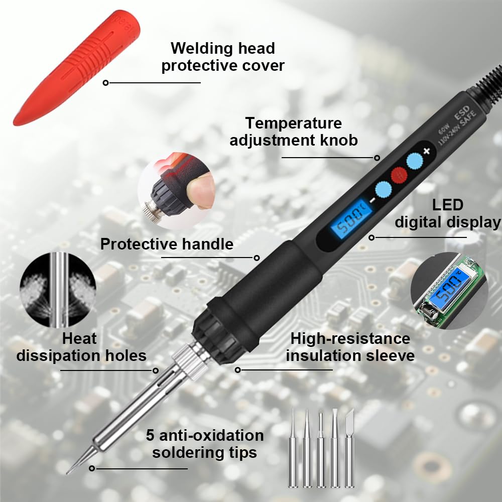 60W Soldering Iron Kit with LED Display – Adjustable Temperature 180-500°C Welding Tools with Tips, Wire, Flux, Desoldering Pump & Storage Case for DIY Electronics, Metal Repair