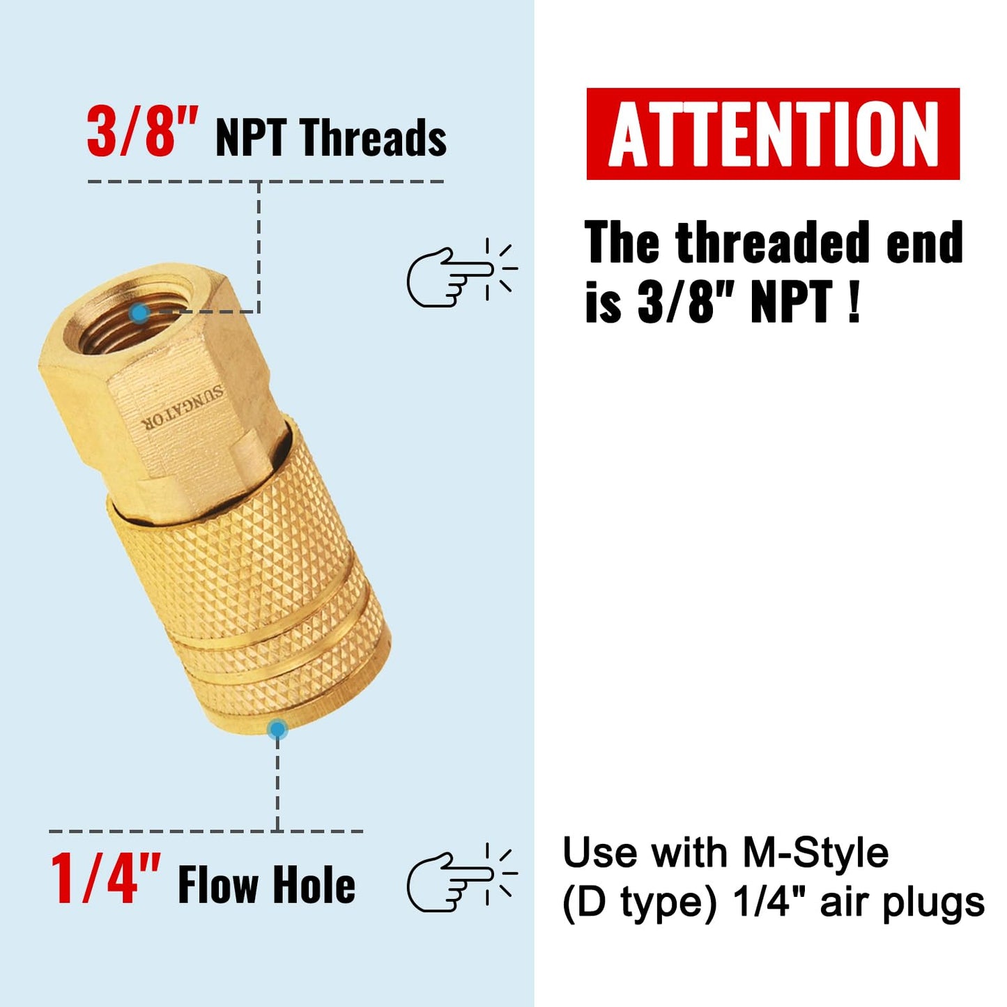 SUNGATOR 2 Pack 3/8'' Female NPT Industrial Air Hose Fitting, Brass 3/8'' FNPT to 1/4'' Flow Hole Air Couplers, M-Style Pneumatic Air Fittings, 3/8 Inch Quick Connect Air Couplers