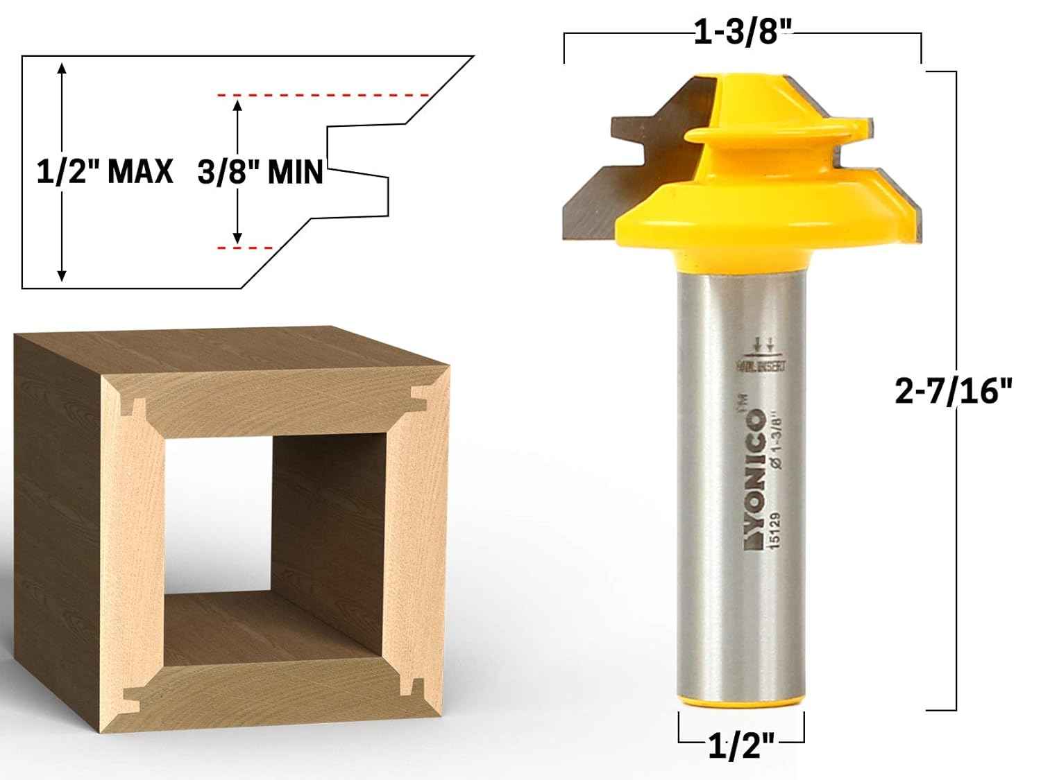 YONICO 45° Lock Miter Router Bit Set – 3 Bits, 1/2-Inch Shank for Precision Joinery