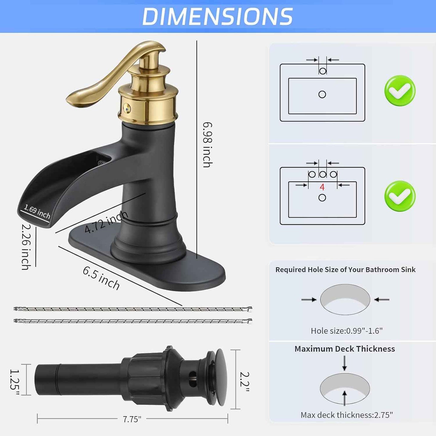 Matte Black Waterfall Bathroom Faucet - Single Handle Lavatory Sink Mixer with Brass Drain