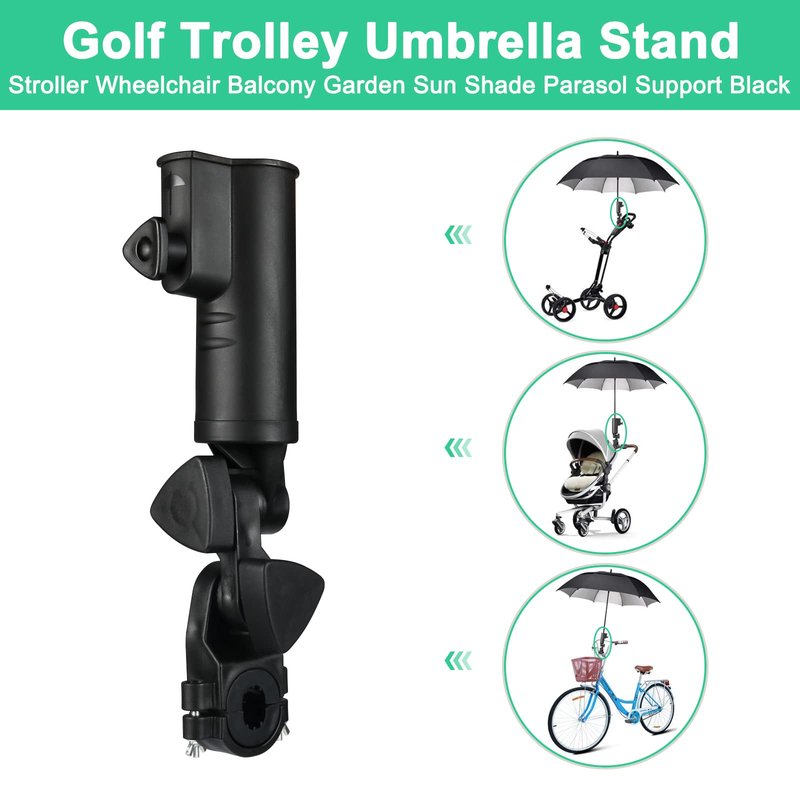 INNOLIFE Universal Golf Push Cart Umbrella Holder - Adjustable 3-Wheel Clip Mounting Attachment for Stroller, Wheelchair, Bicycle, Outdoor Sports Trolley, and Snow Umbrella Frame