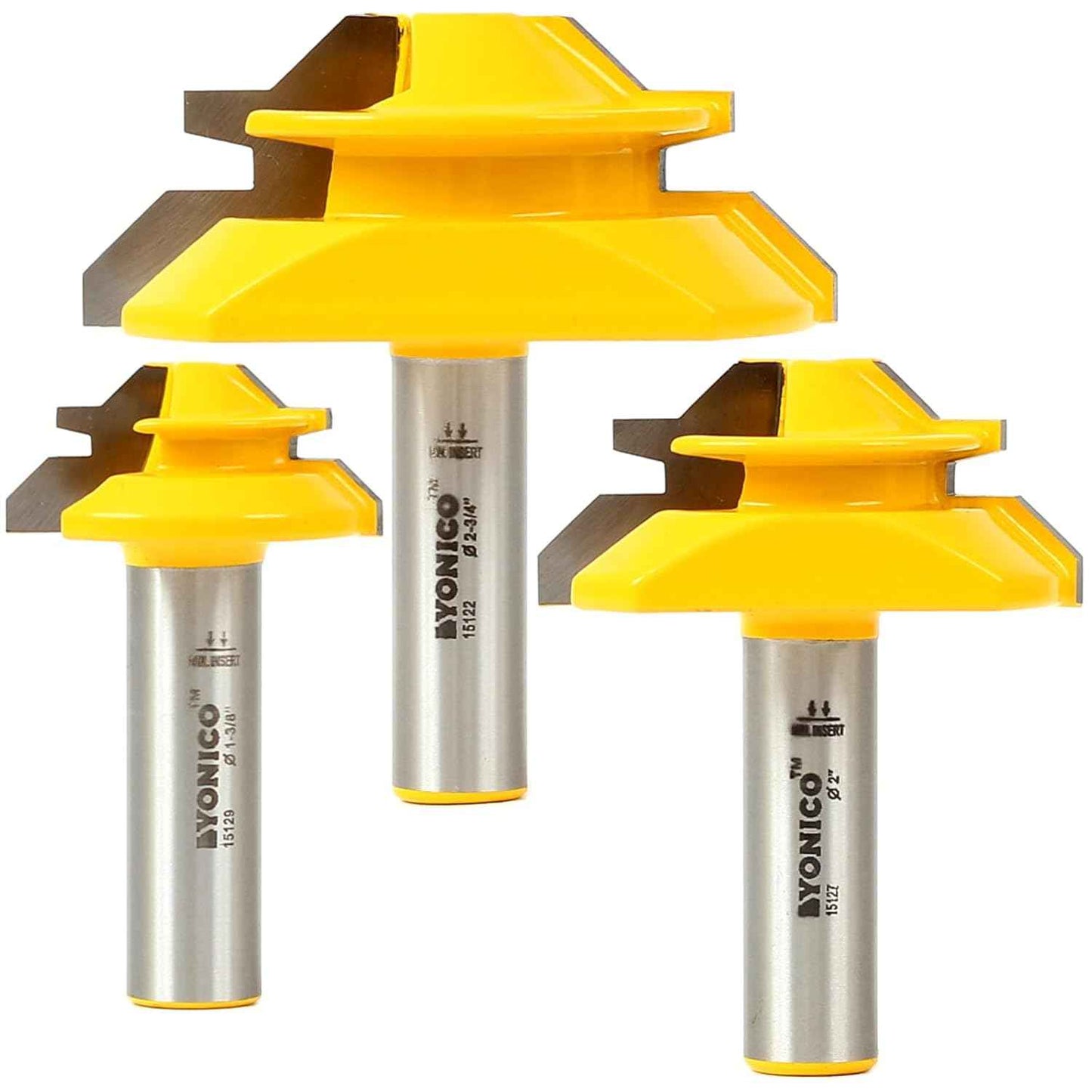 YONICO 45° Lock Miter Router Bit Set – 3 Bits, 1/2-Inch Shank for Precision Joinery
