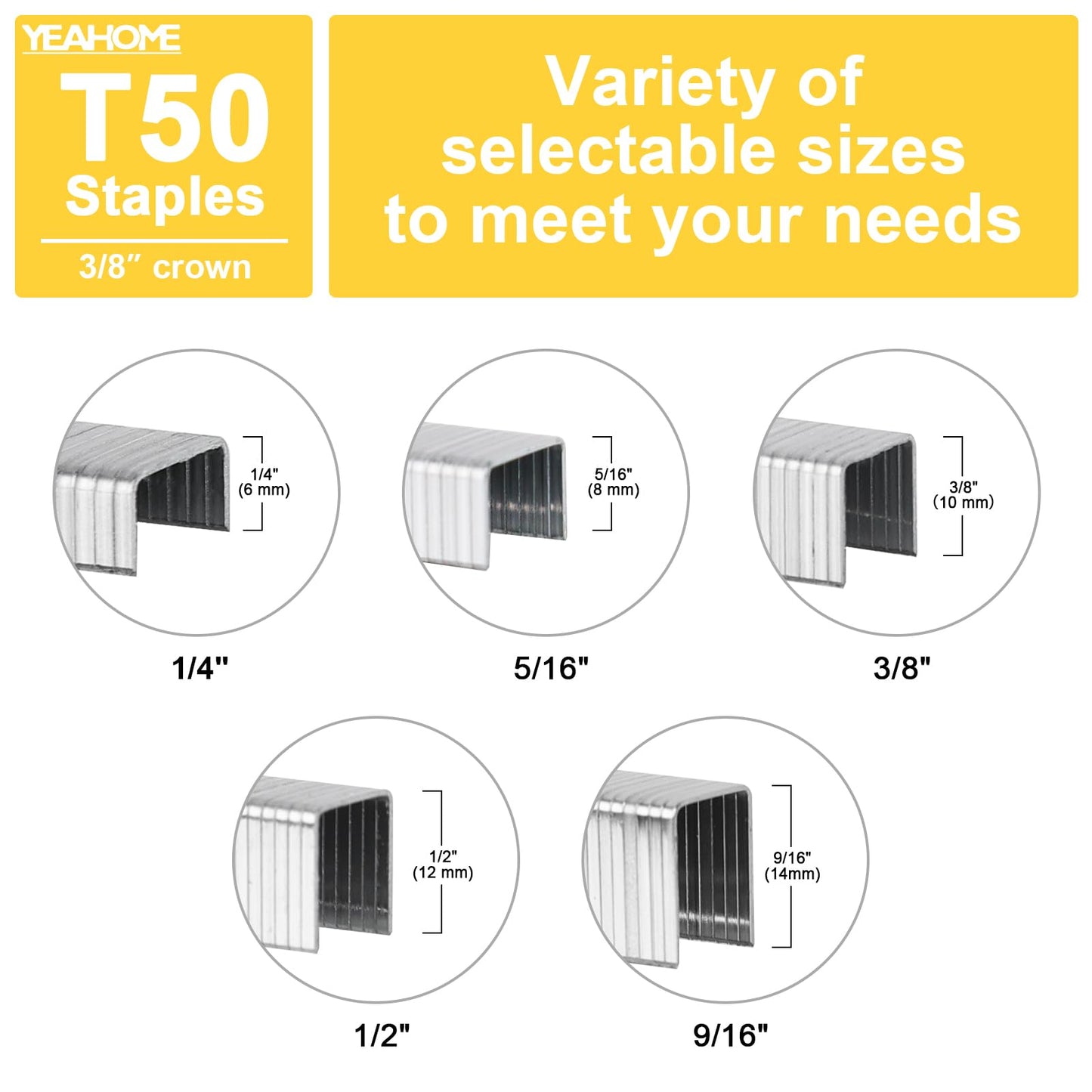 YEAHOME Heavy Duty Staples, 2000 Counts 9/16 inch T50 Staples, 20 Gauge Galvanized 3/8 Inch Crown Upholstery Staple for Pneumatic, Electric T50 Staple Gun