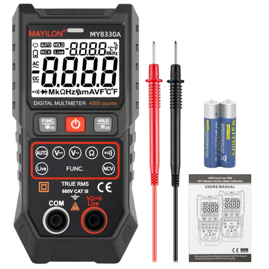 Digital Multimeter TRMS 4000 Counts Multimeter DC AC Voltage Tester Auto-Ranging Voltmeter Amp Meter NCV Live Wire Resistance Continuity Temp for Auto/Home/Electrical MY8330A