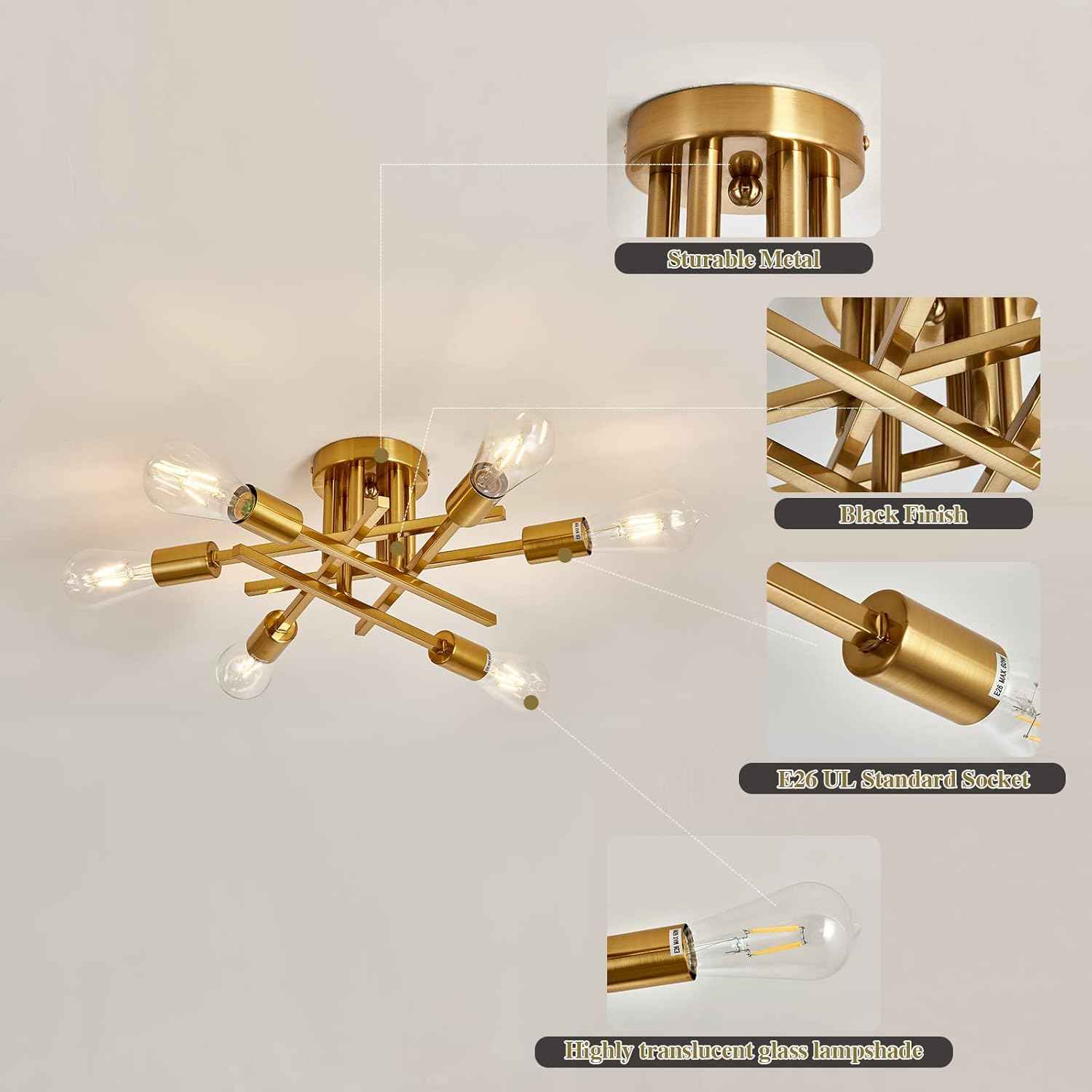 Gold Modern 6-Light Semi Flush Mount Ceiling Light Fixture - Vintage Sputnik Chandelier for Kitchen, Dining & Living Room