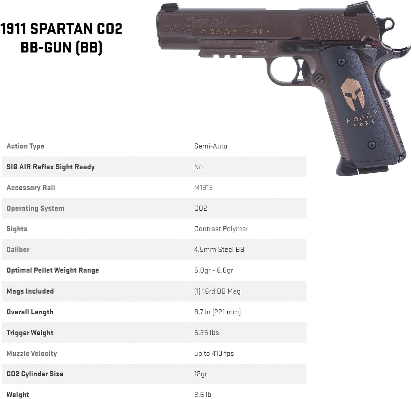 Sig Sauer 1911 Spartan CO2 Air Pistol - 4.5mm Steel BB, Semi-Auto, 16rd Magazine, No CO2 Included