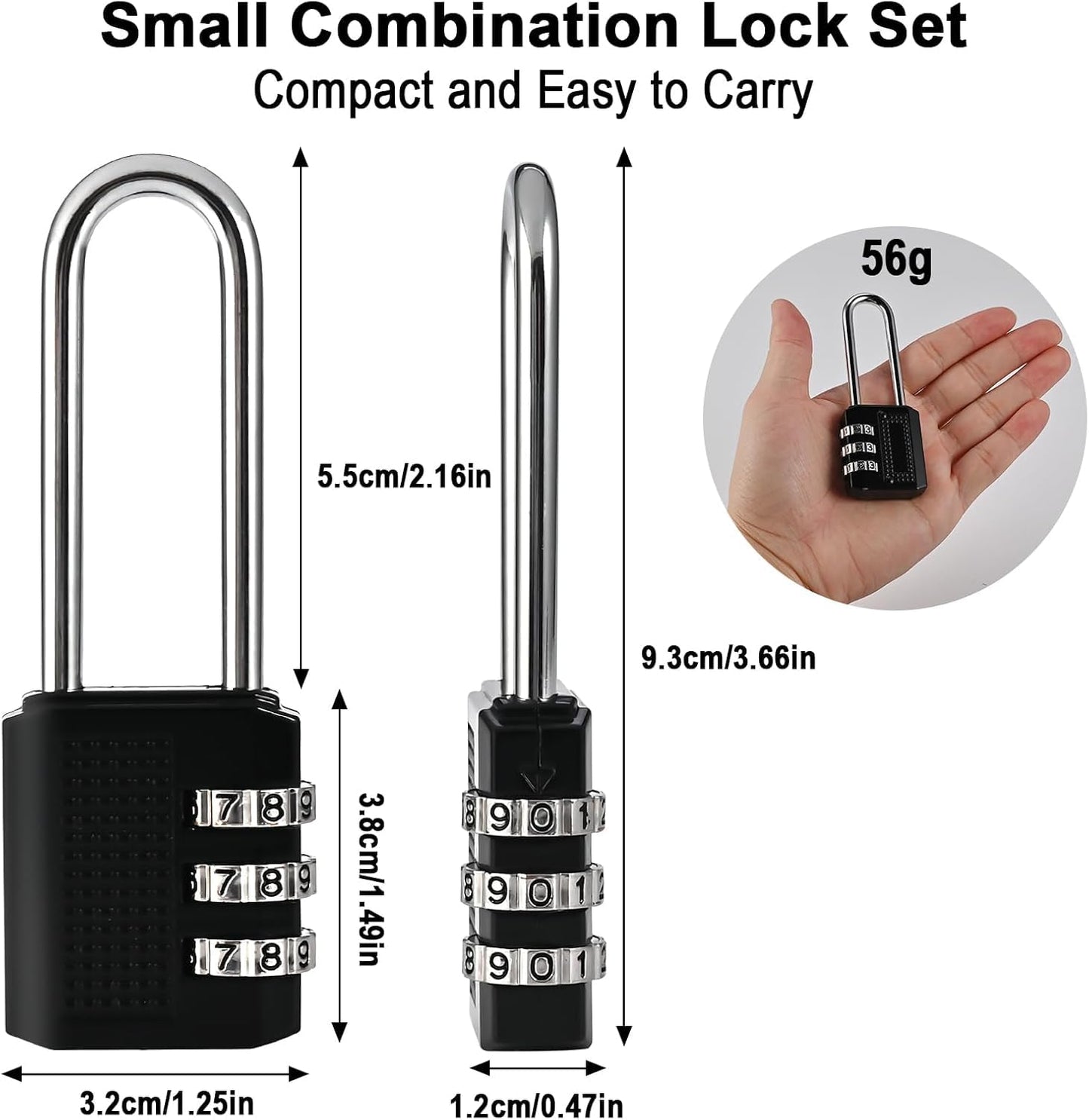 3 Digit Small Combination Locker Lock, 2.2 in Long Shackle Padlock Combination, Resettable Luggage Locks, Combo Gym Locker Suitcase Gate Pad Lock (3Pack, Black)