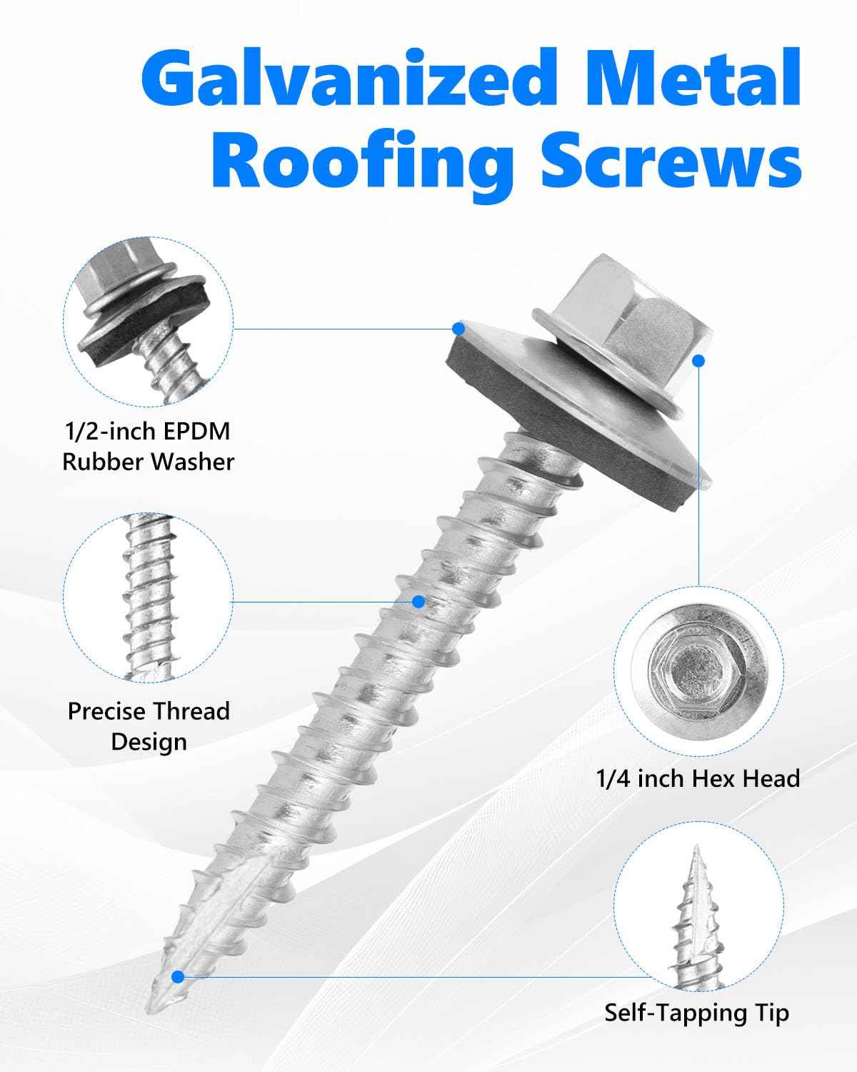 Metal Roofing Screws #10 x 1.5 Inch - 1000 PCS Zinc-Plated Hex Head with Rubber Washers for Corrugated Roofs