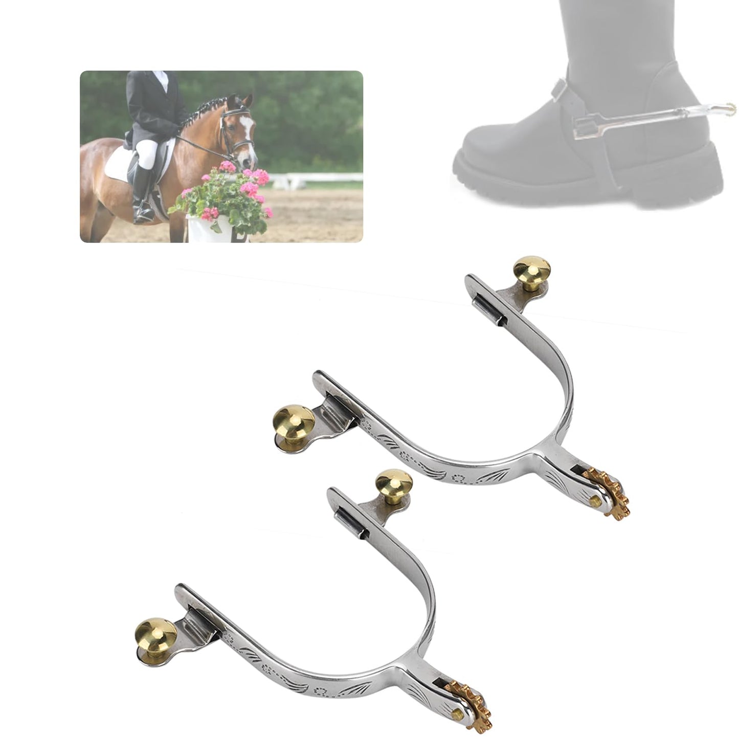 KUIDAMOS Spurs for Boots Men Spurs for Cowboy Boots Girls for Boots Men, 1Pair Stainless Steel Horse Spurs Western Style Spur with Hand Carved Decor Silver Horse Driving Equipment