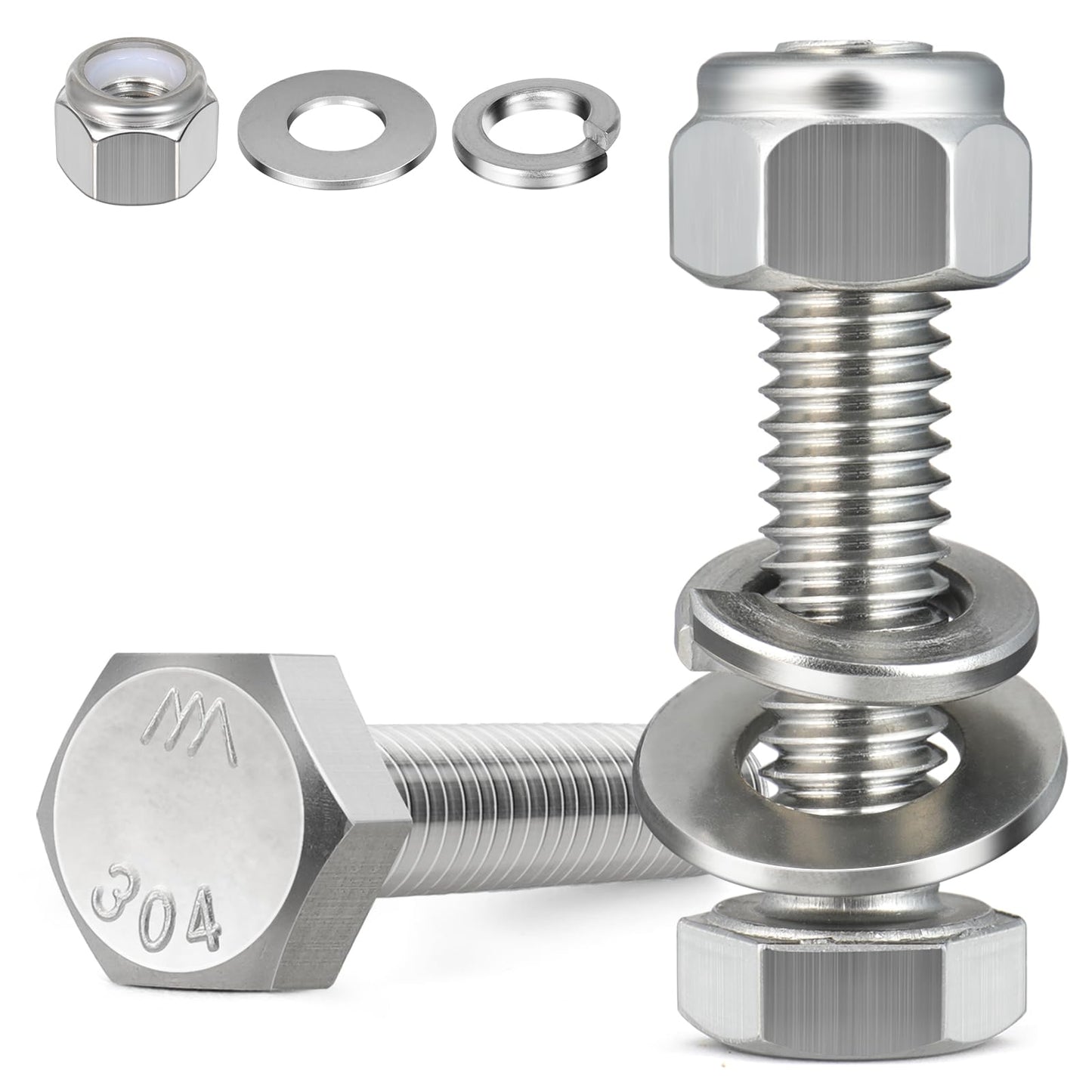 BNUOK (8 Sets) 3/8-16 x 2 Hex Head Screw Bolt,Lock Nuts,Flat & Lock Washers Kits,304 Stainless Steel 18-8,Fully Threaded