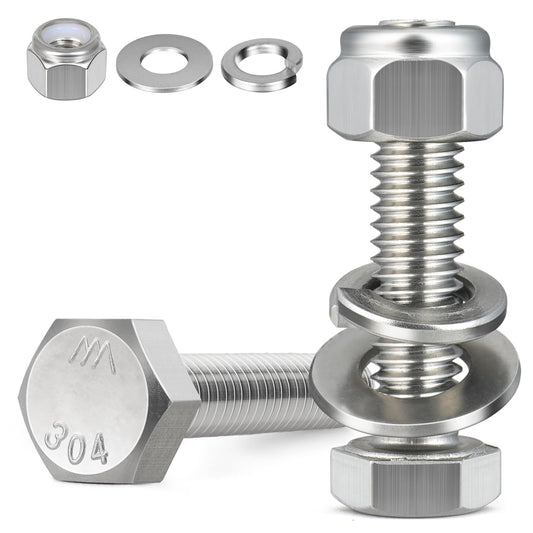 BNUOK (8 Sets) 3/8-16 x 2 Hex Head Screw Bolt,Lock Nuts,Flat & Lock Washers Kits,304 Stainless Steel 18-8,Fully Threaded