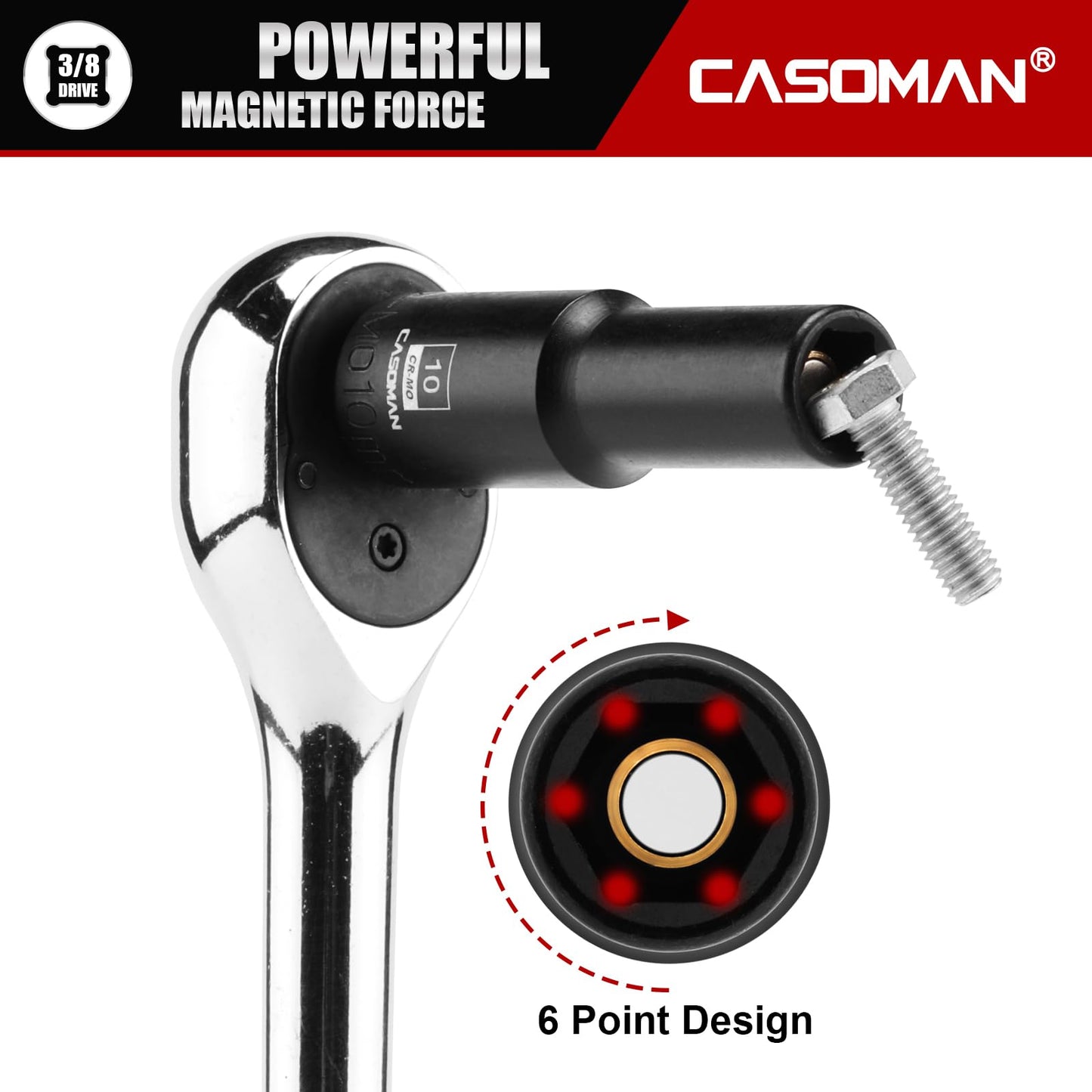 CASOMAN 3/8" Drive 10mm Deep Magnetic Impact Socket, Metric, 6-Point, CR-MO with Black Phosphate Finish