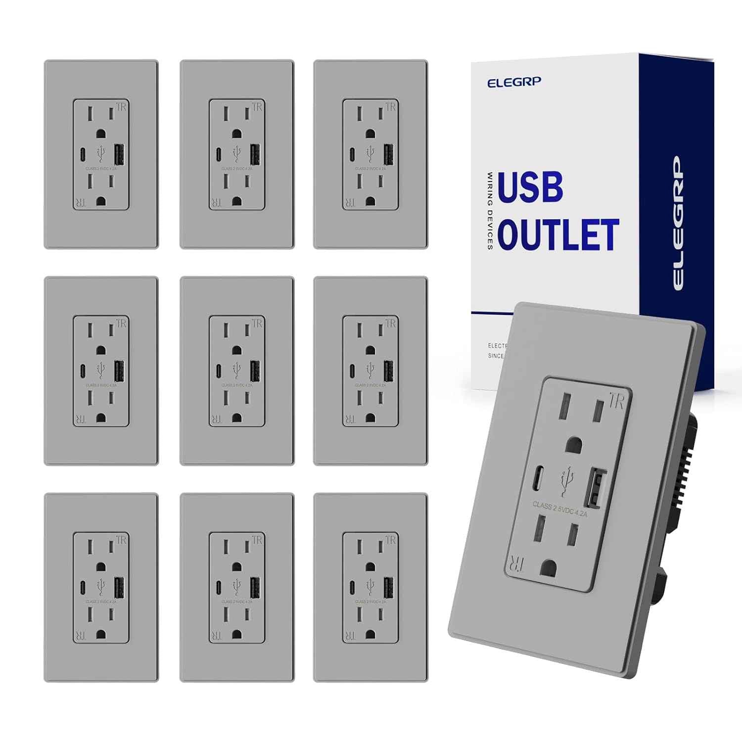 USB Charger Wall Outlet with USB A & C Ports - 15A Tamper Resistant, UL Listed, 6 Pack - Matte Light Almond
