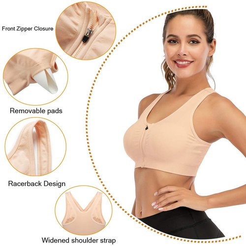FLORATA Sports Bras for Women, Zip Front Sports Bra Wireless Post-Surgery Bra, Yoga Sports Bras Beige