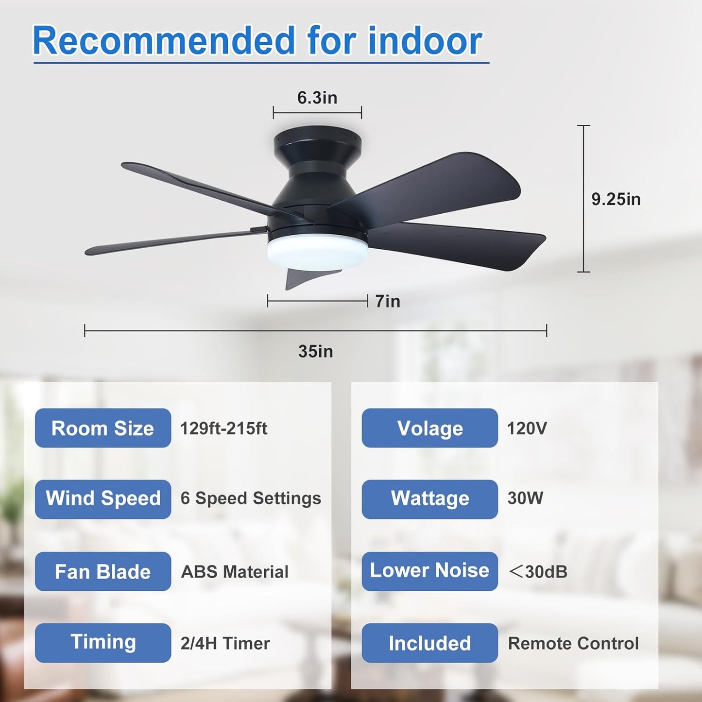 42-Inch Modern Black Ceiling Fan with Light & Remote - Dimmable Low Profile, 5 Reversible Walnut Blades, 6 Speeds for Indoor/Outdoor Use