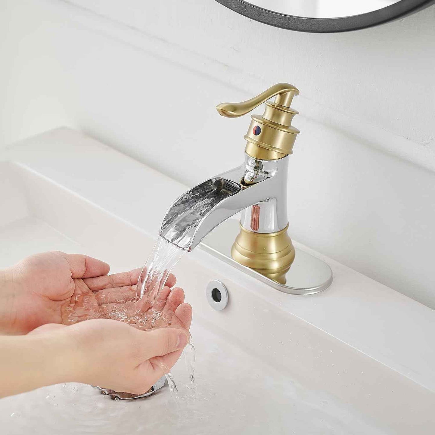 Matte Black Waterfall Bathroom Faucet - Single Handle Lavatory Sink Mixer with Brass Drain