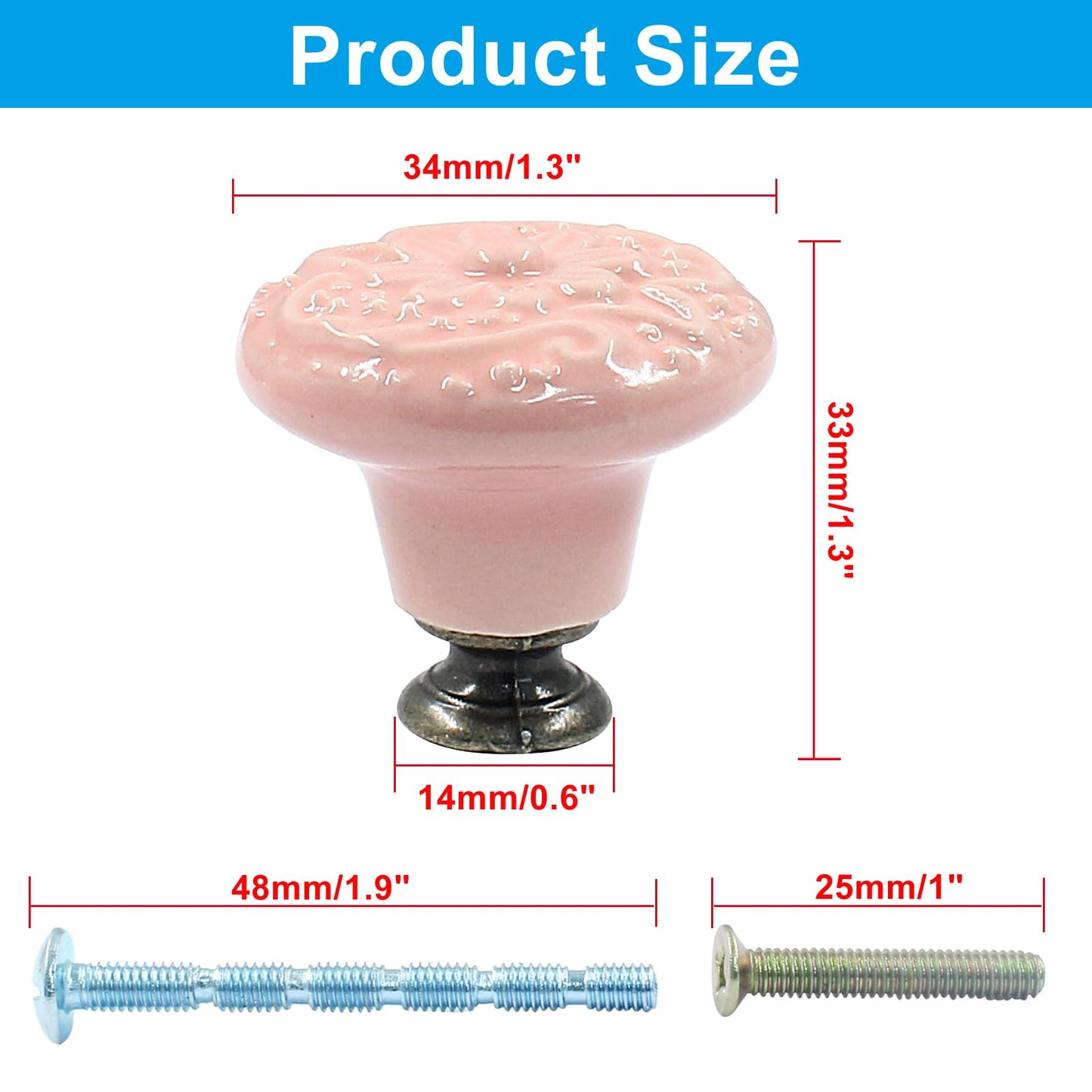 Piutouyar Ceramic Kitchen Cabinet Knobs, Pink, 10Pcs, 1.3Inch Diameter, Retro Style