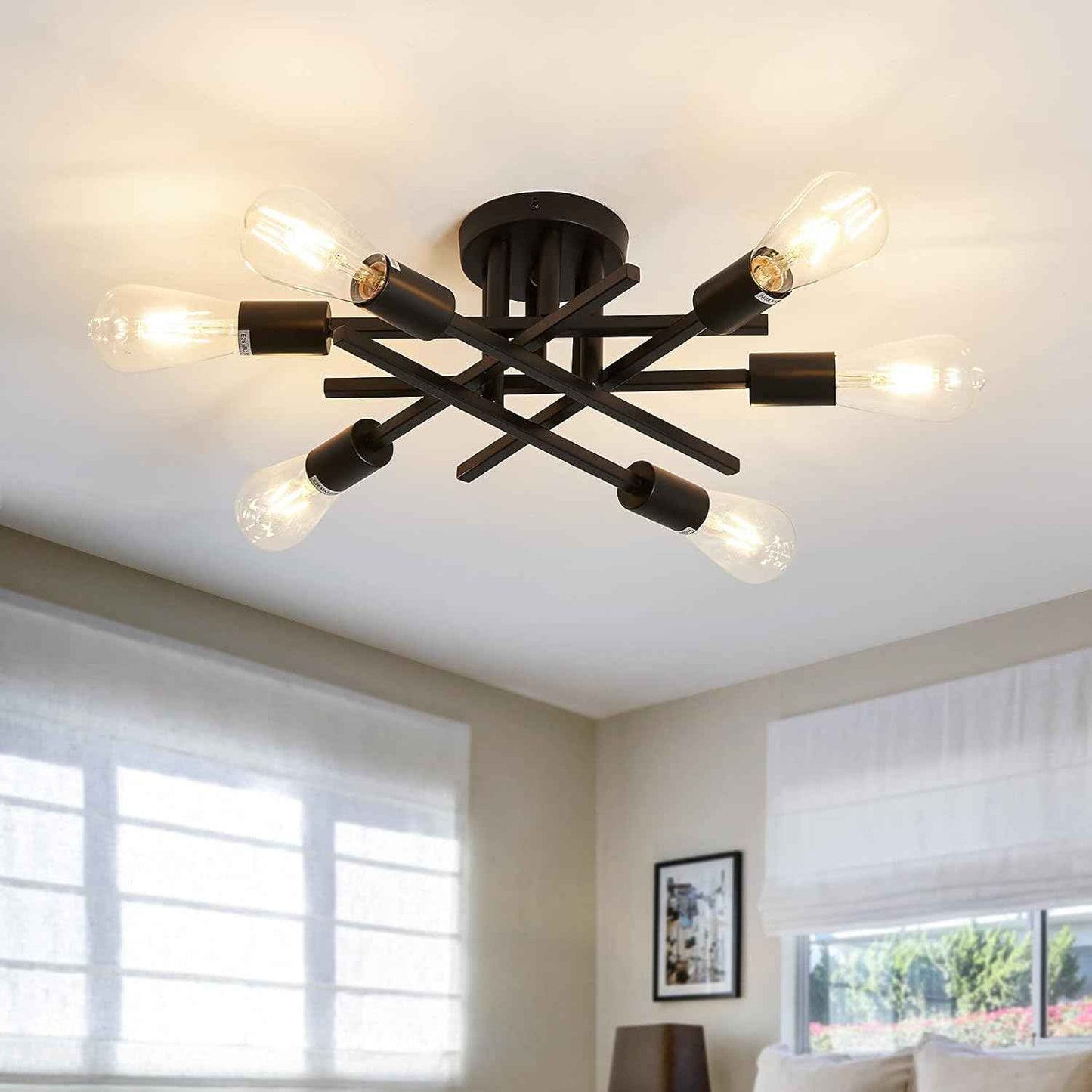 Gold Modern 6-Light Semi Flush Mount Ceiling Light Fixture - Vintage Sputnik Chandelier for Kitchen, Dining & Living Room