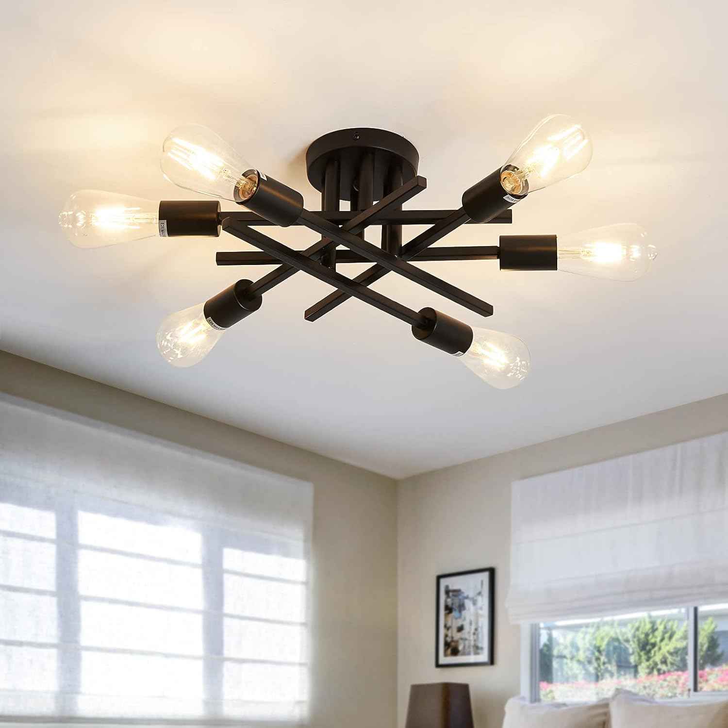 Gold Modern 6-Light Semi Flush Mount Ceiling Light Fixture - Vintage Sputnik Chandelier for Kitchen, Dining & Living Room