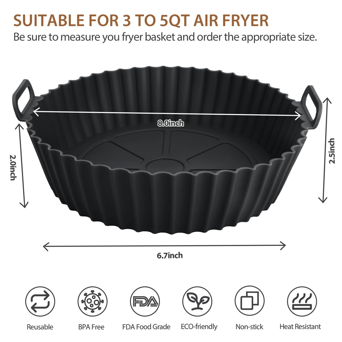Viretec 2 Pack Air Fryer Silicone Liners for Ninja, Reusable Silicone Bowl Basket Fit for 3 to 5QT Air Fryer, Replacement of Flammable Parchment Paper
