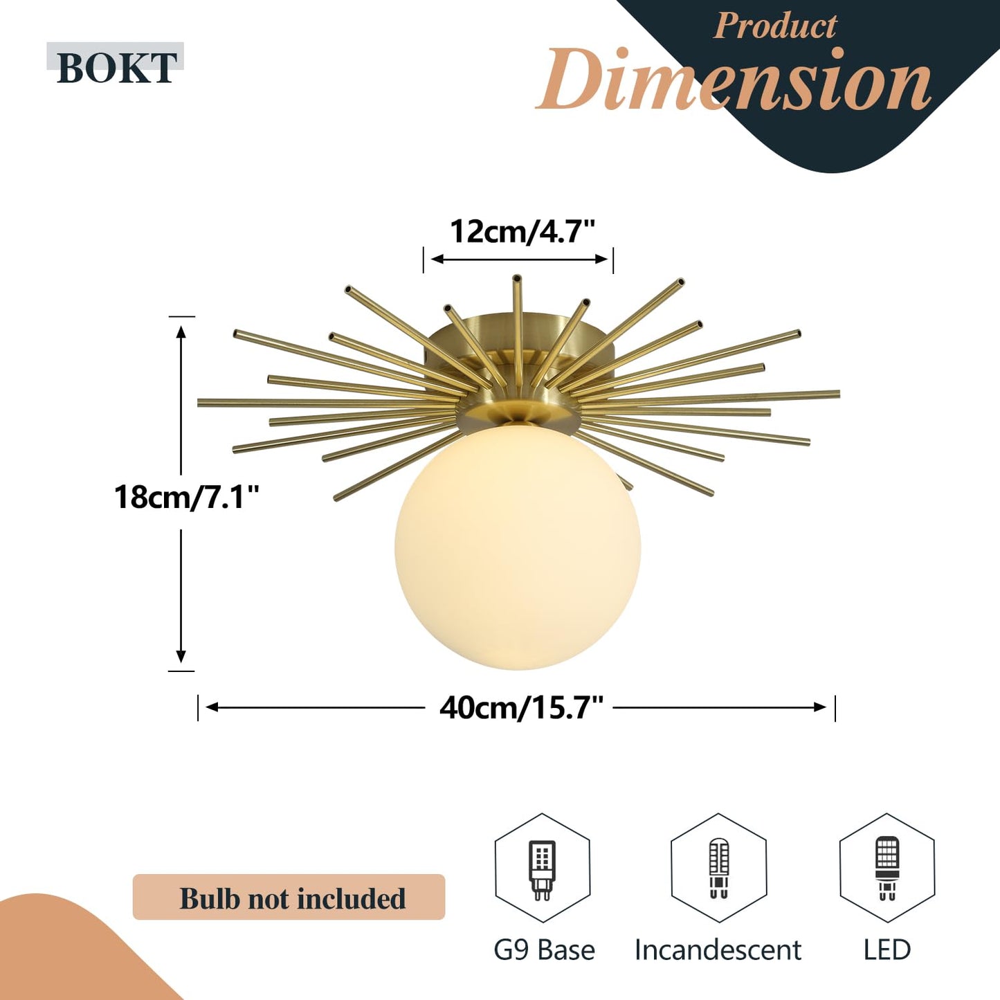 BOKT Modern Gold Semi Flush Mount Ceiling Light Mid Century White Glass Globe Ceiling Light Industrial Close to Ceiling Light Vintage Golden Ceiling Lamps Brushed Brass Hallway Light Fixtures